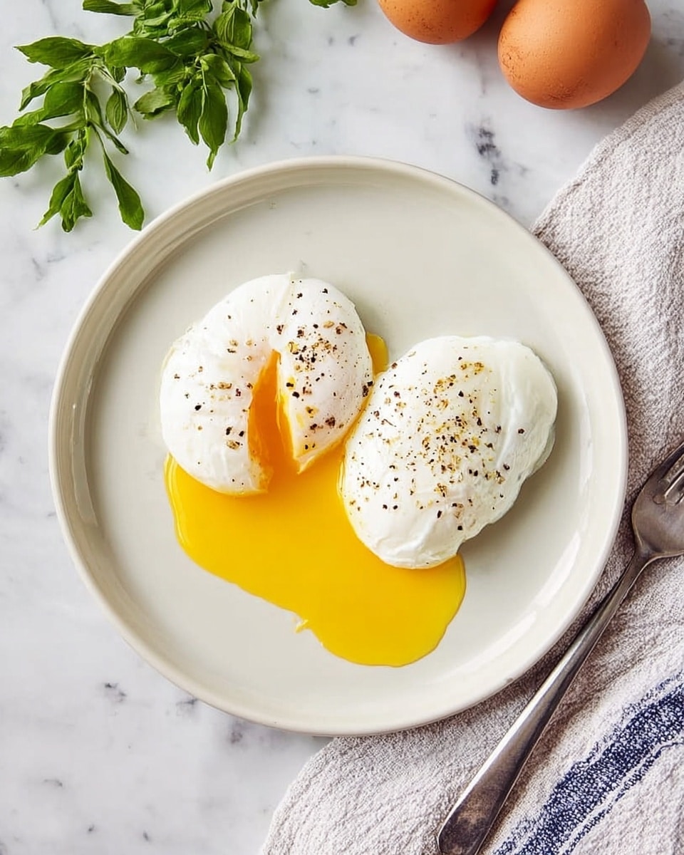 A white plate holds two poached eggs positioned side by side; the egg on the bottom left has a small notch revealing bright yellow yolk flowing out onto the plate, while the egg on the top right remains whole with black pepper sprinkled on both eggs. The plate sits on a white marbled surface with a white and blue striped cloth and a fork to the right, fresh green leaves at the top left, and eggs in the bottom left corner. Photo taken with an iphone --ar 4:5 --v 7
