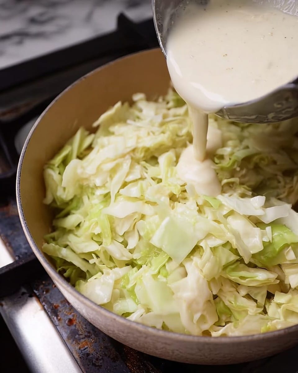 The image shows a close-up of a pot on a stove with soft, cooked cabbage inside. The cabbage is pale green and white, with soft and slightly shiny pieces filling the pot. A ladle is pouring creamy white sauce over the cabbage, giving a smooth, rich texture to the top layer. The pot is beige with a rough, matte surface. The stove and surrounding area have metal and dark parts, and the background is a white marbled texture. Photo taken with an iphone --ar 4:5 --v 7