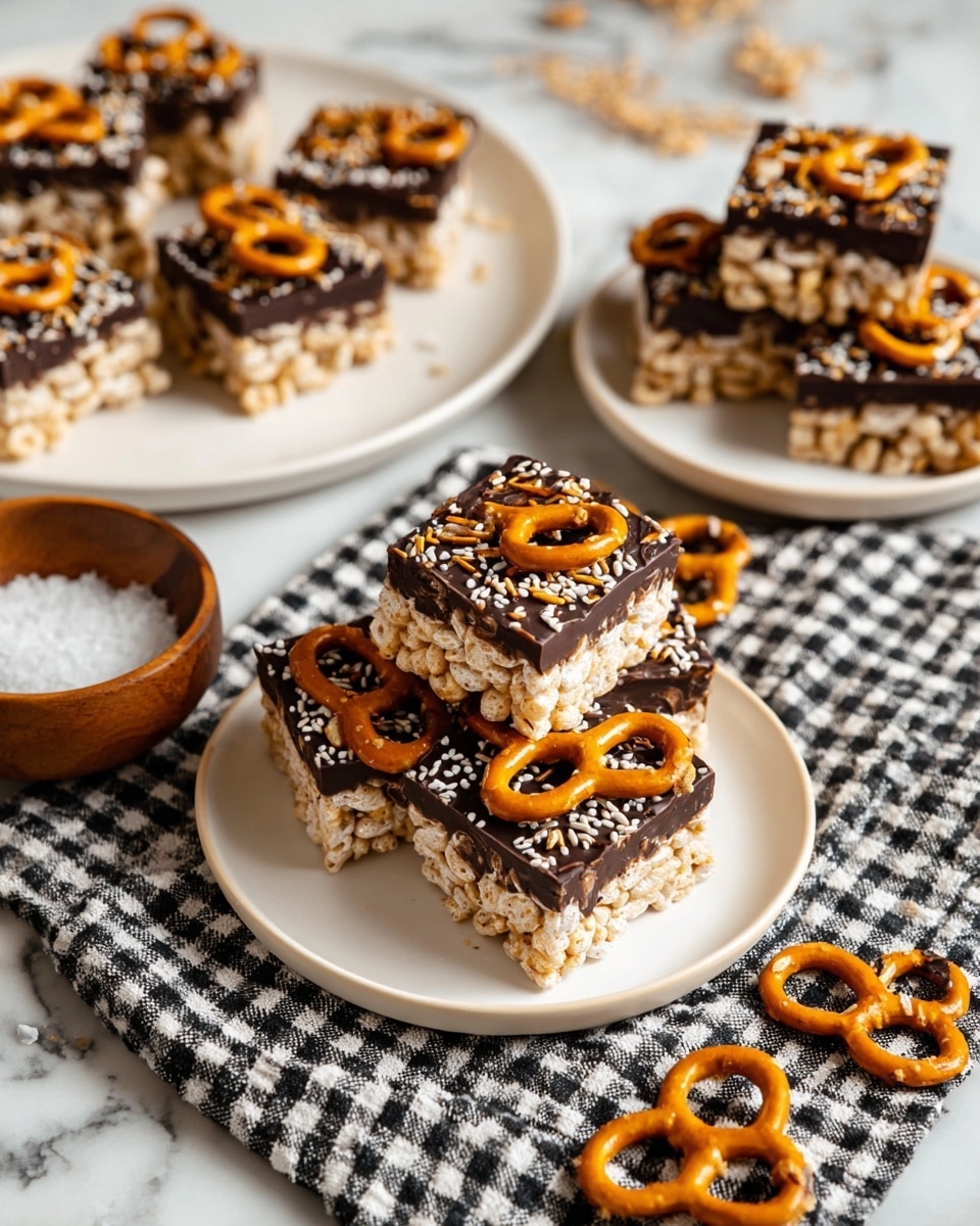 The image shows square cereal treats on white plates with a two-layer structure: the bottom layer is a light tan puffed cereal base, while the top layer is a thick dark chocolate coating sprinkled with sesame seeds and topped with small golden pretzel pieces. Some treats are stacked, highlighting the layers, and extra pretzels are placed decoratively on the plates. In the center, a small wooden bowl holds coarse white salt, all set on a white marbled surface with a black and white checkered cloth underneath some plates. Photo taken with an iphone --ar 4:5 --v 7