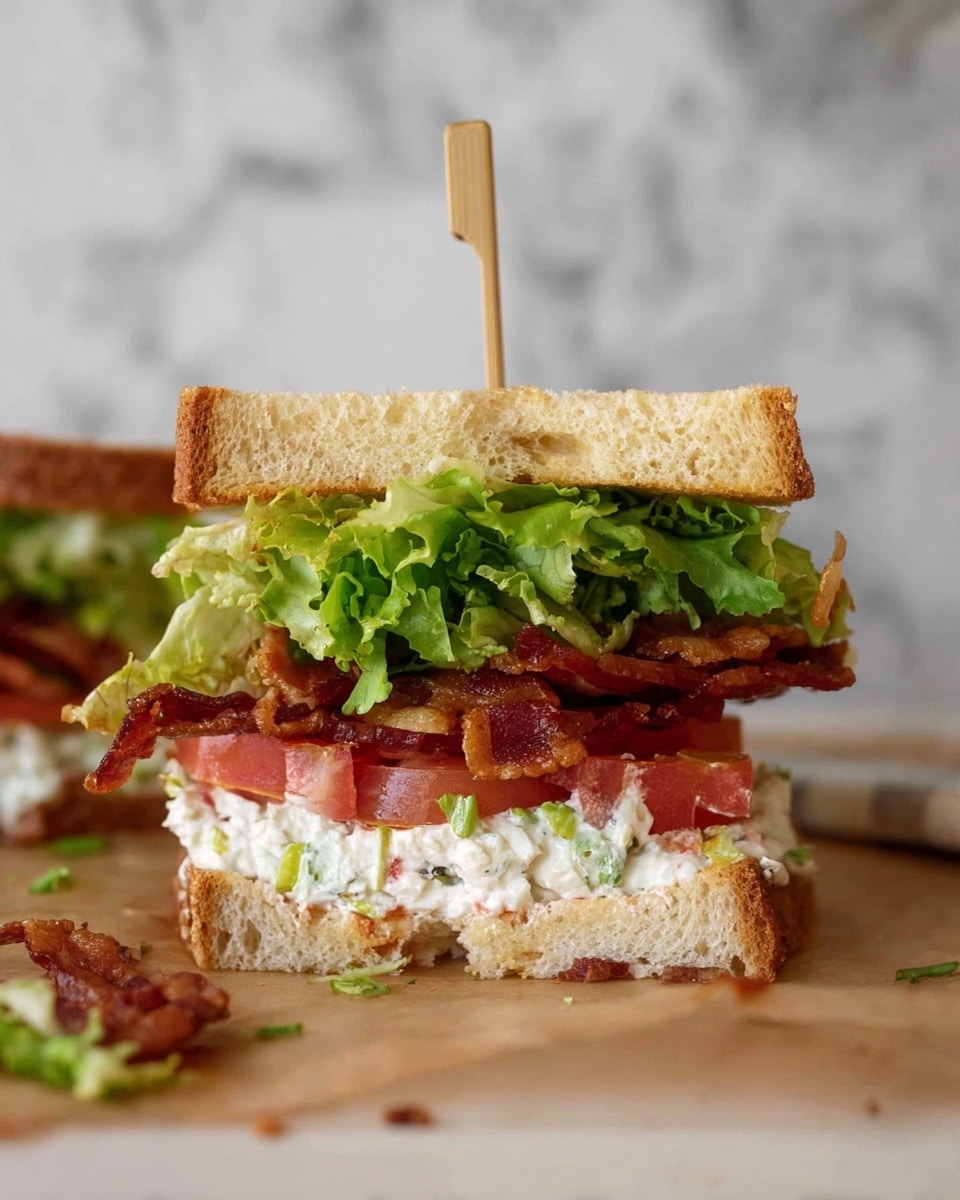 A tall sandwich with three thick slices of light brown bread stacked to make two layers, each filled with crisp green lettuce, bright red tomato slices, crispy brown bacon strips, and a creamy white salad mix with green herbs; a wooden skewer holds the sandwich together, all set on a white marbled surface with some lettuce pieces scattered around, photo taken with an iphone --ar 4:5 --v 7