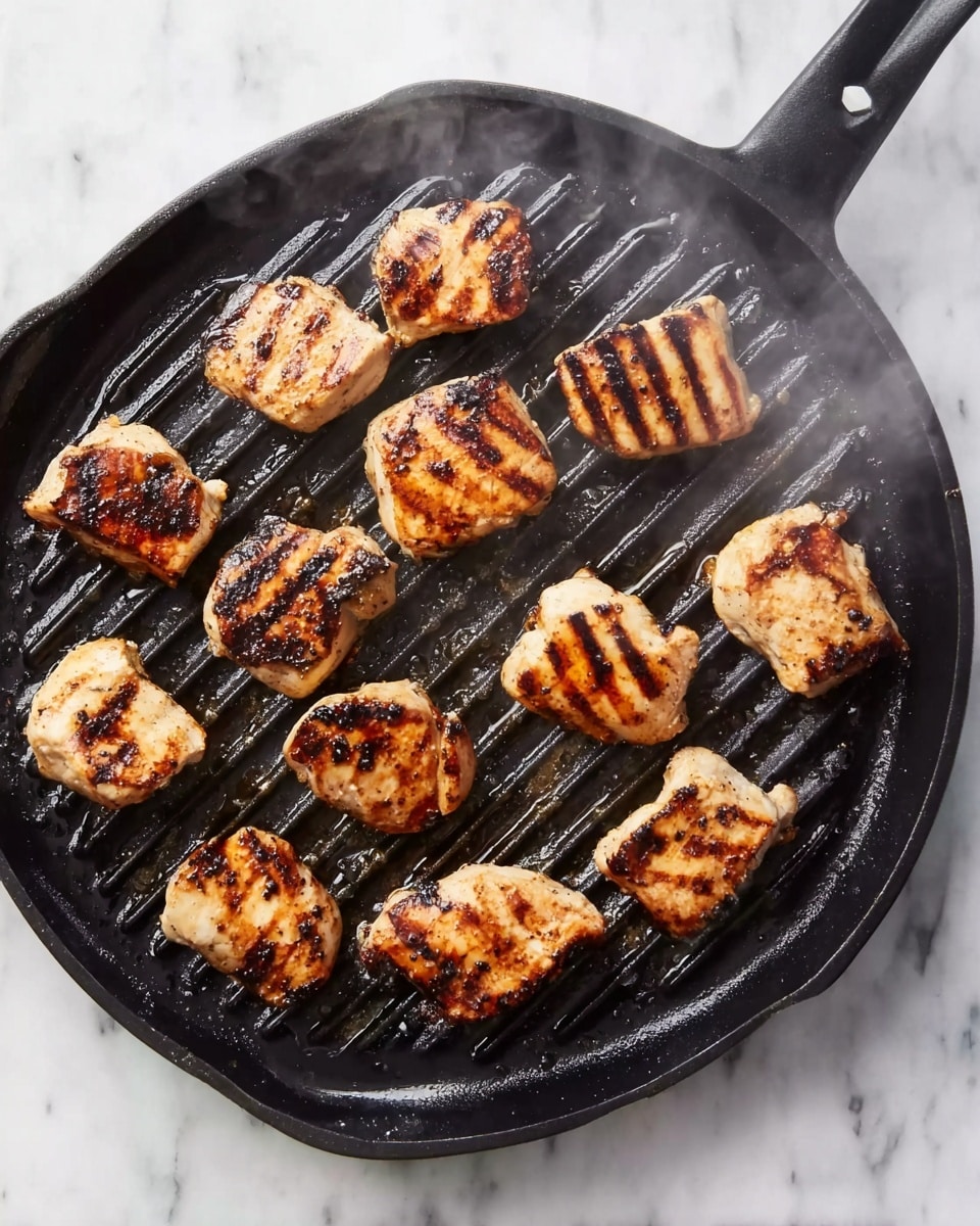 The image shows a black grill pan filled with eleven pieces of grilled chicken with visible brown grill marks on each piece. The chicken pieces are uneven in size and shape, with a mix of square and more irregular forms. The grill pan’s surface has raised ridges and slight oil glistening, while light steam rises from the hot chicken. The pan is set on a white marbled surface. photo taken with an iphone --ar 4:5 --v 7