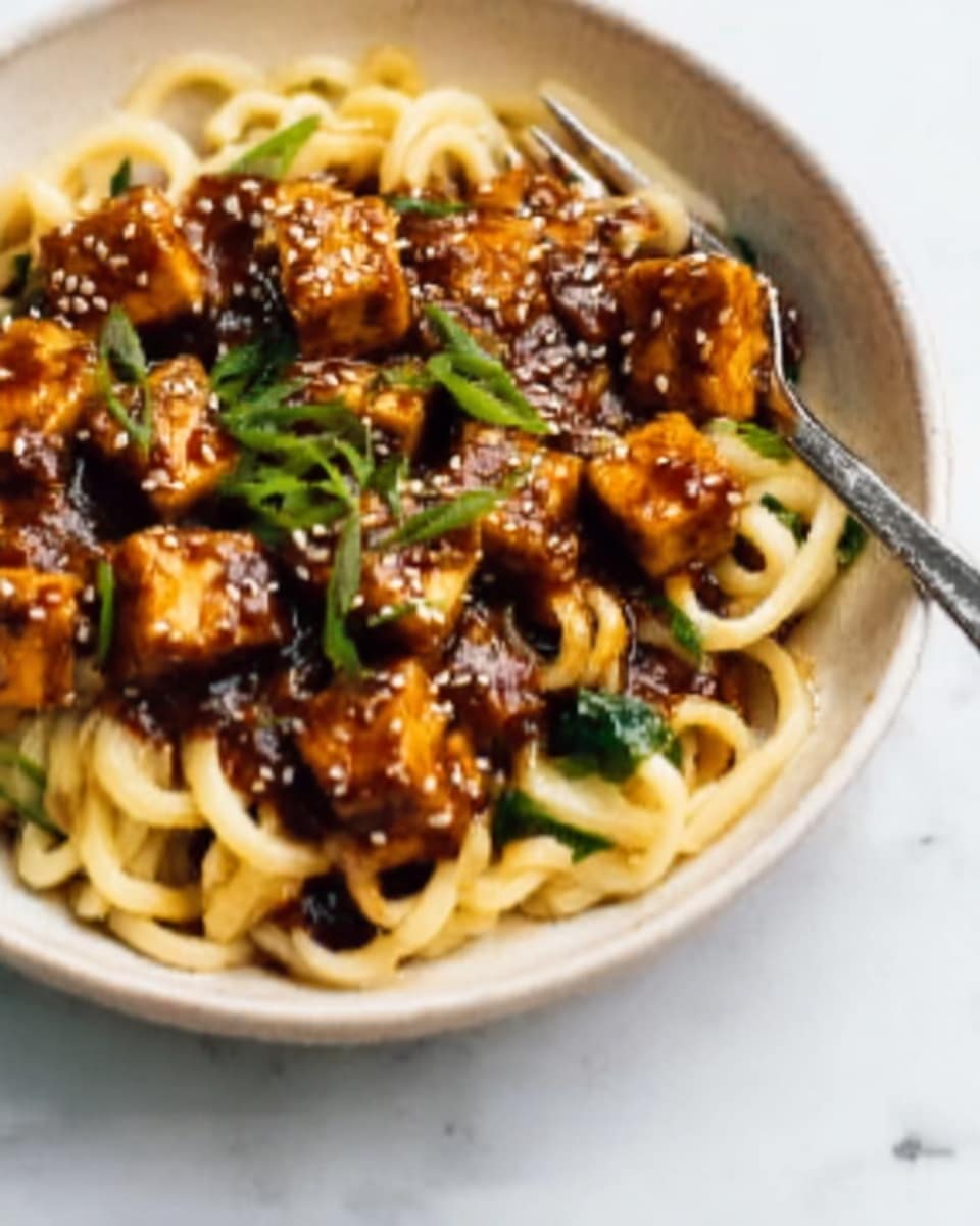 A white bowl holds a dish with three main layers. The bottom layer is thick, pale yellow noodles with a smooth texture, filling the base of the bowl. On top, there are golden brown, small cubes of cooked tofu that have a slightly crispy surface with some darker brown spots from frying. Scattered over the tofu are fresh green pieces of chopped scallions and small white sesame seeds, adding a pop of color and texture contrast. The dish looks warm and inviting with a mix of soft noodles, crispy tofu, and fresh greens. Photo taken with an iphone --ar 4:5 --v 7