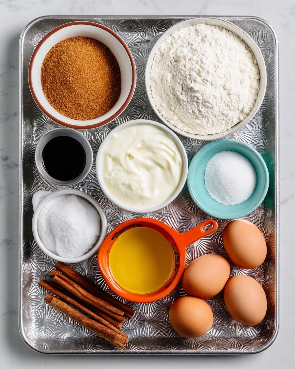 A silver metal tray holds eight containers and some cinnamon sticks on a white marbled surface. In the top left, a white bowl with a brown rim is filled with brown sugar. Next to it is a small black cup filled with smooth white yogurt. On the top right, a white bowl filled with fine white flour sits beside the yogurt. Below the sugar, a small turquoise bowl holds white salt and baking powder. In the center below the yogurt and flour is a small white container with brown vanilla extract. Below that, an orange measuring cup filled with golden oil rests on the tray with a small group of cinnamon sticks beside it. On the bottom right, a white bowl holds three brown eggs. The arrangement is neat and colorful, all on the patterned metal tray. Photo taken with an iphone --ar 4:5 --v 7