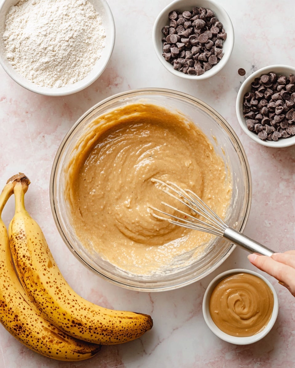 A large clear glass bowl filled with a thick, creamy light brown batter that has a smooth and slightly lumpy texture. A woman's hand holding a metal whisk is stirring the batter from the right side. Below the bowl, two whole ripe bananas with brown spots rest on the surface. To the left, a white bowl contains a dry flour mixture with a light powdery texture. At the top right, a white bowl is filled with small dark brown chocolate chips, with some chips scattered on the white marbled surface around it. At the bottom right, a small white bowl holds a smooth, light brown creamy substance. The whole scene is set on a white marbled textured surface. photo taken with an iphone --ar 4:5 --v 7
