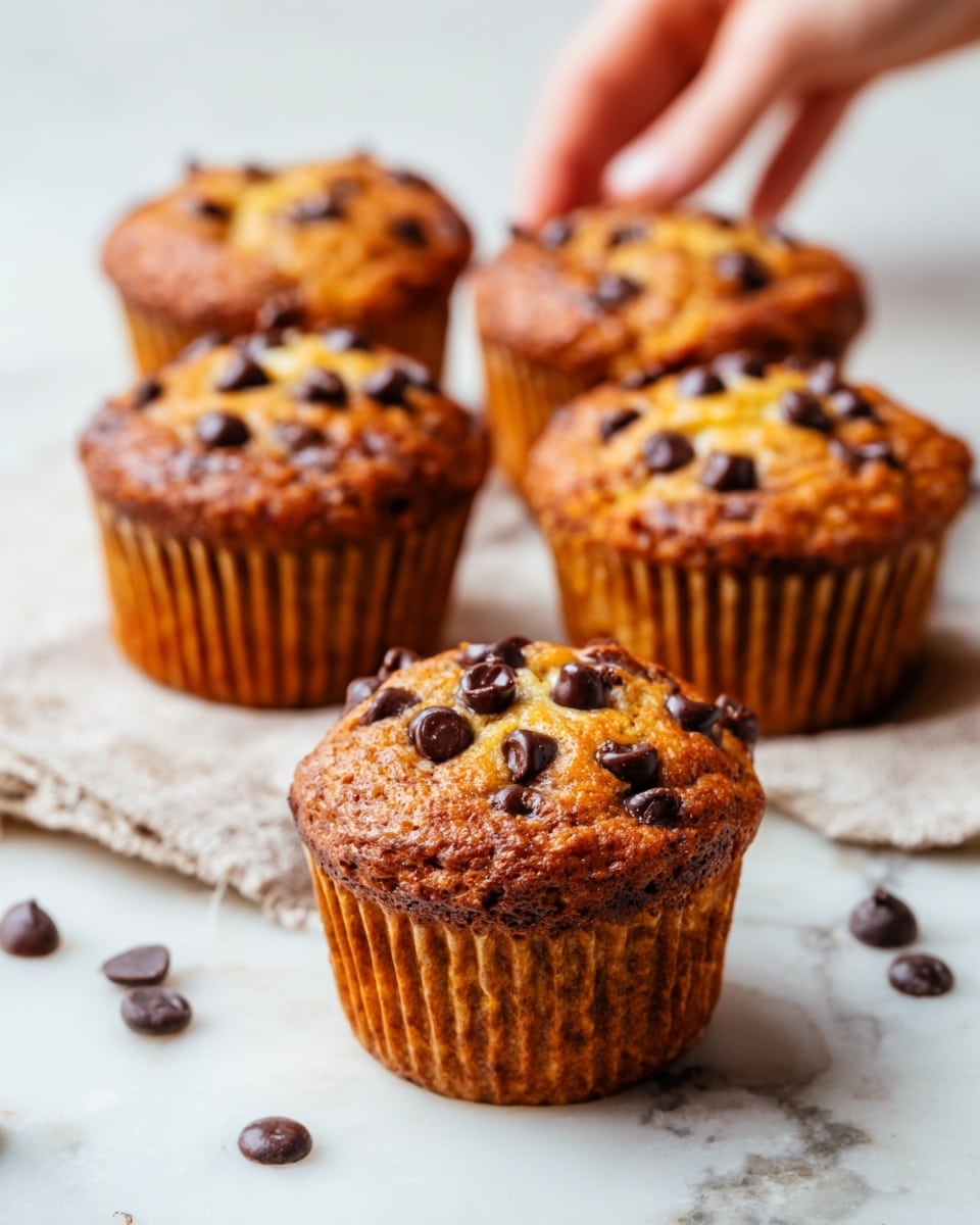 A close-up of a single muffin with a golden brown top studded with many round dark chocolate chips on its surface, giving it a bumpy texture. The muffin sits in a white liner with vertical ridges at the bottom, and it rests on a light beige cloth placed on a white marbled surface. In the background to the right, there are soft-focused slices of ripe banana, and scattered around are a few more chocolate chips. The lighting is bright and natural, showing the moist texture of the muffin photo taken with an iphone --ar 4:5 --v 7