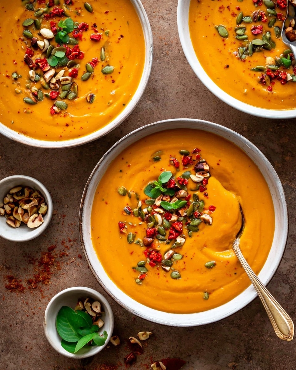 Three white round bowls filled with smooth thick orange soup, topped with a mix of small chopped nuts, green pumpkin seeds, tiny red pepper pieces, and small fresh green leaves. Two bowls have light golden spoons resting inside, one with spoon partly dipped into the soup showing thickness and creamy texture. The bowls are placed on a brown surface scattered lightly with spices and small bits of topping. Small white round bowls with more green leaves and nuts are around the main bowls. photo taken with an iphone --ar 4:5 --v 7