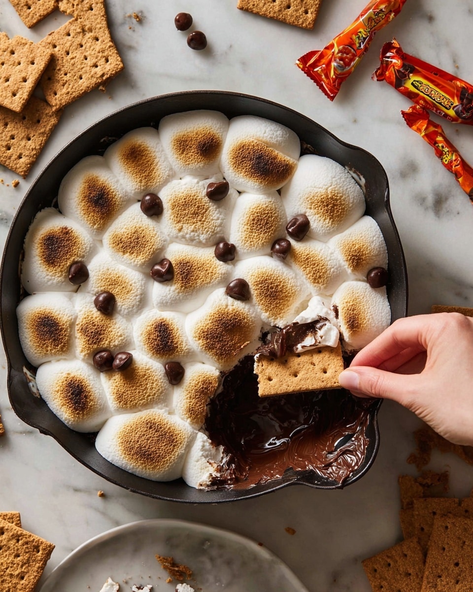 A close-up view of toasted marshmallows with a golden-brown top layer, soft white melting marshmallow underneath, and dark melted chocolate chips peeking through between them. A light brown graham cracker is held by a woman's hand, dipping into the gooey marshmallow and chocolate mixture, showing the sticky texture as it pulls away. The background is a white marbled surface. photo taken with an iphone --ar 4:5 --v 7