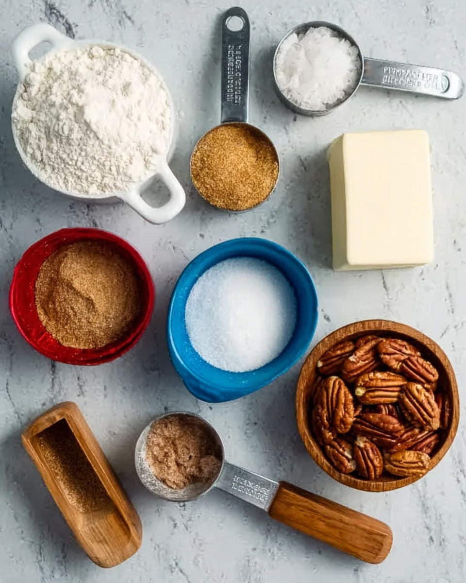 The image shows an overhead view of various baking ingredients arranged neatly on a white marbled surface. On the left, there is a white measuring cup filled with white flour, next to it is a metal measuring cup with light brown sugar. To the right is a small white rectangular container of butter. Below these, there is a small blue bowl holding a brown spice, a red bowl filled with white sugar, a small wooden bowl with fine salt, and a metal measuring cup with whole pecans. All items are placed close together in an organized way, showcasing the different colors and textures clearly. photo taken with an iphone --ar 4:5 --v 7