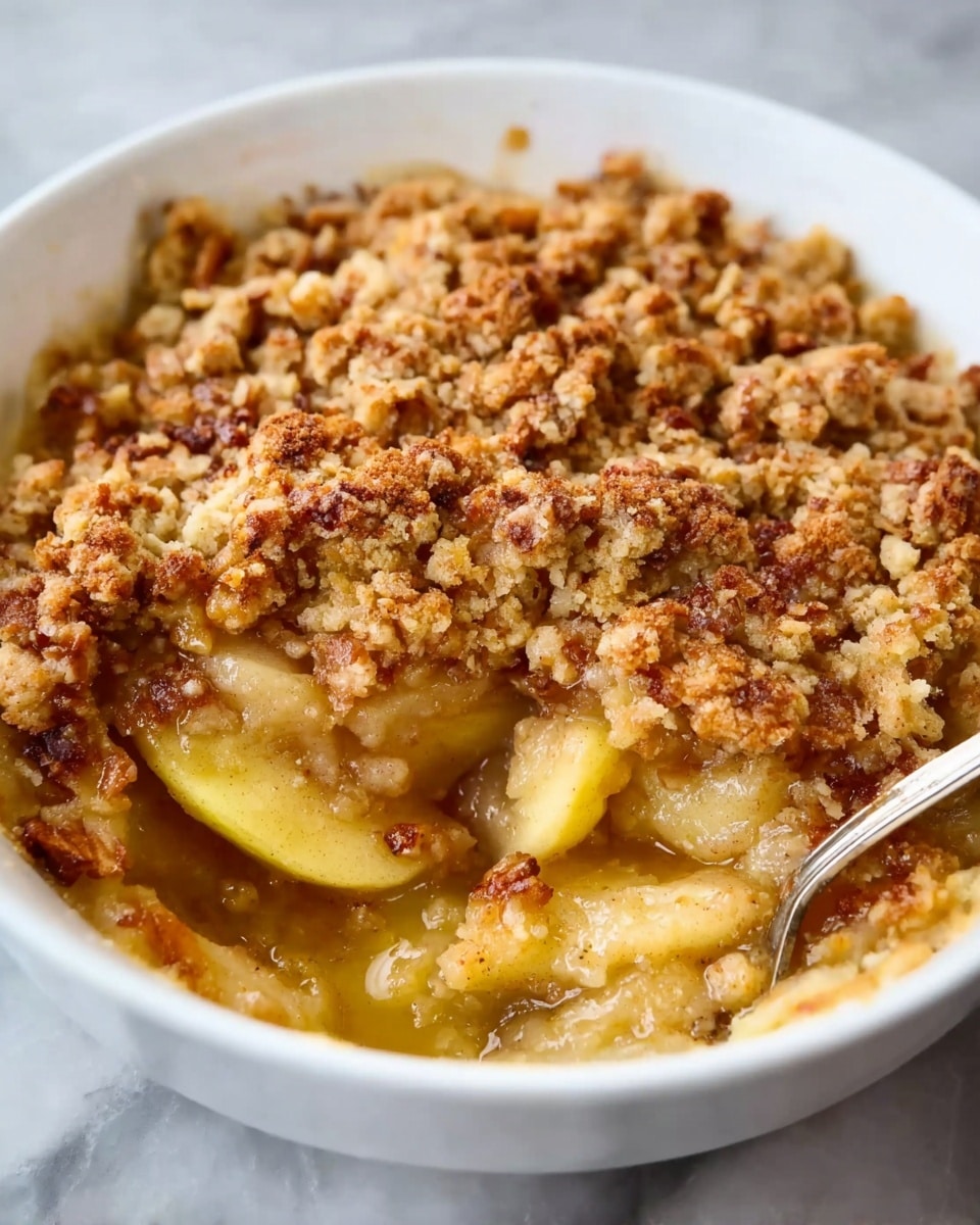 A white bowl is filled with a warm apple crumble dessert. The dish shows a thick bottom layer of soft cooked apple slices in a golden syrup that is slightly bubbling. On top, there is a rough, crumbly layer of golden brown streusel with small pieces of nuts mixed in, giving it a crunchy texture. A piece has been taken out, showing the layers clearly. The bowl sits on a white marbled surface. photo taken with an iphone --ar 4:5 --v 7
