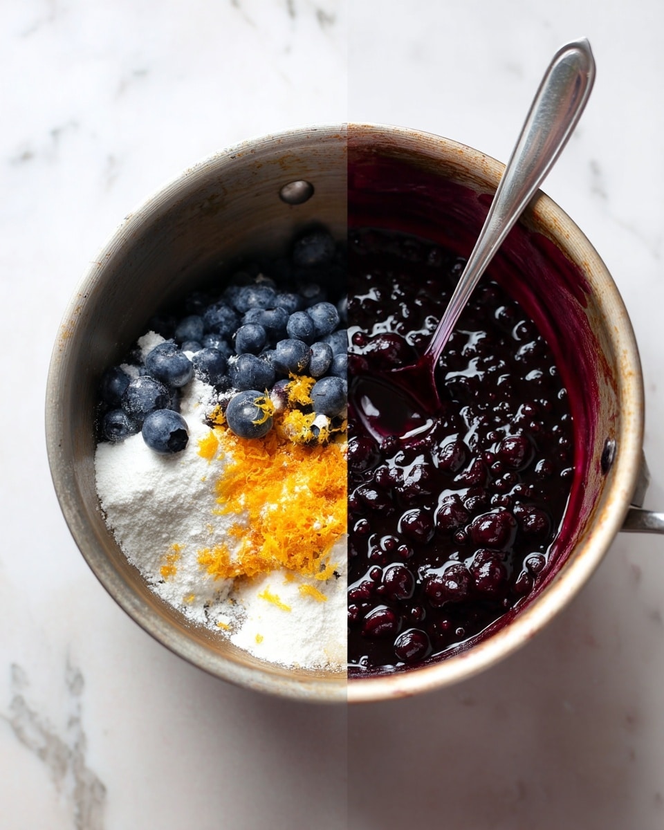 The image shows two side-by-side views of a metal pot on a white marbled surface. On the left side, the pot contains a mix of dark purple blueberries, white sugar, bright orange zest, and white powdered sugar or flour, all piled together but not yet mixed. On the right side, the same pot now holds a thick, glossy, deep purple blueberry sauce that looks cooked, with whole blueberries visible in the sauce. A silver spoon is resting inside the sauce with some sauce dripping off it. The pot has a worn, used look with a matte gray finish. Photo taken with an iphone --ar 4:5 --v 7