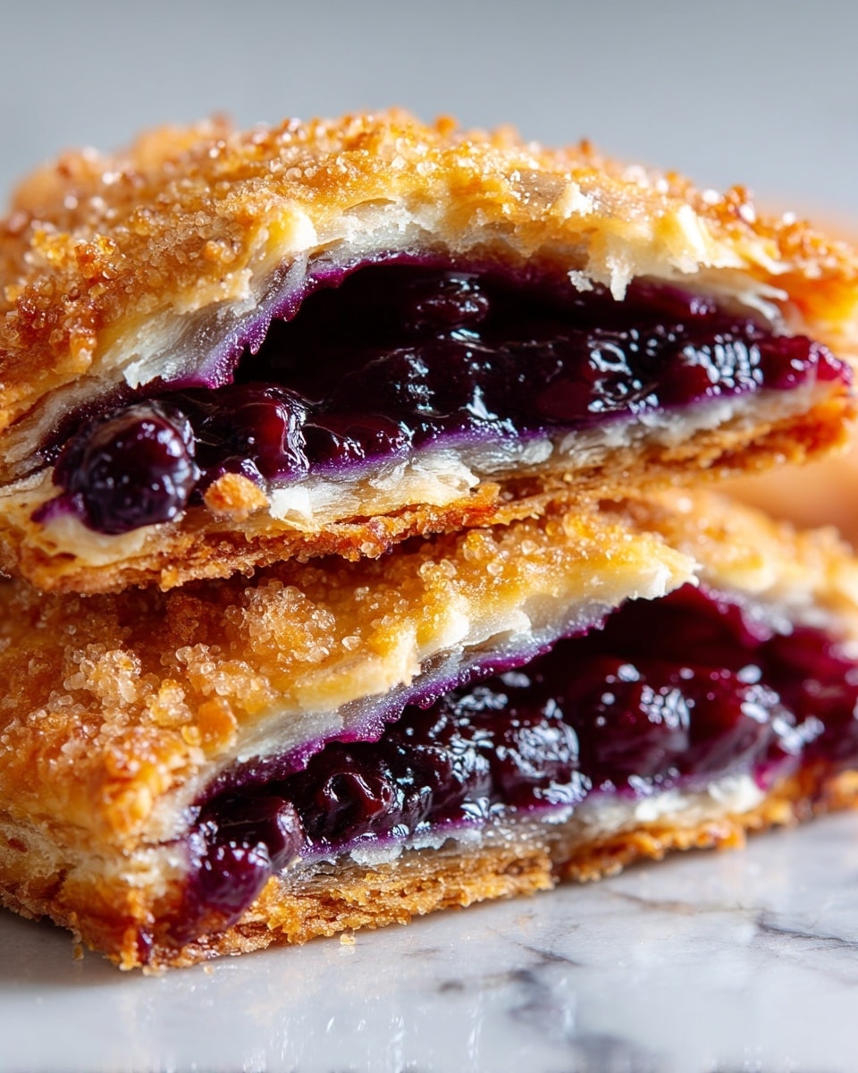 The image shows a close-up of a pastry cut in half to reveal three layers: the top and bottom layers are golden brown with a crispy, sugar-coated texture, while the middle layer is filled with a deep purple, glossy fruit filling that looks thick and juicy. The edges of the pastry have a rough, crunchy appearance, and the inside layers show a soft, flaky crumb texture. The background has a white marbled texture, and the focus is on the shiny fruit filling and the textured crust. photo taken with an iphone --ar 4:5 --v 7