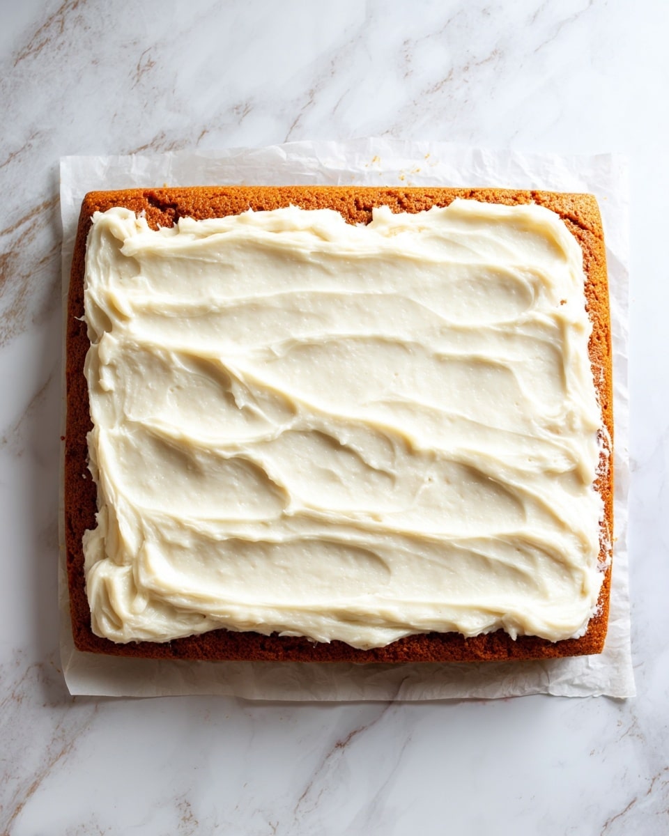A rectangular layer of brown cake with a rough texture lies flat on a piece of white parchment paper, topped evenly with a thick, smooth, creamy white frosting that covers almost the entire surface, leaving a small border of the cake visible along the edges, all set on a white marbled surface. photo taken with an iphone --ar 4:5 --v 7