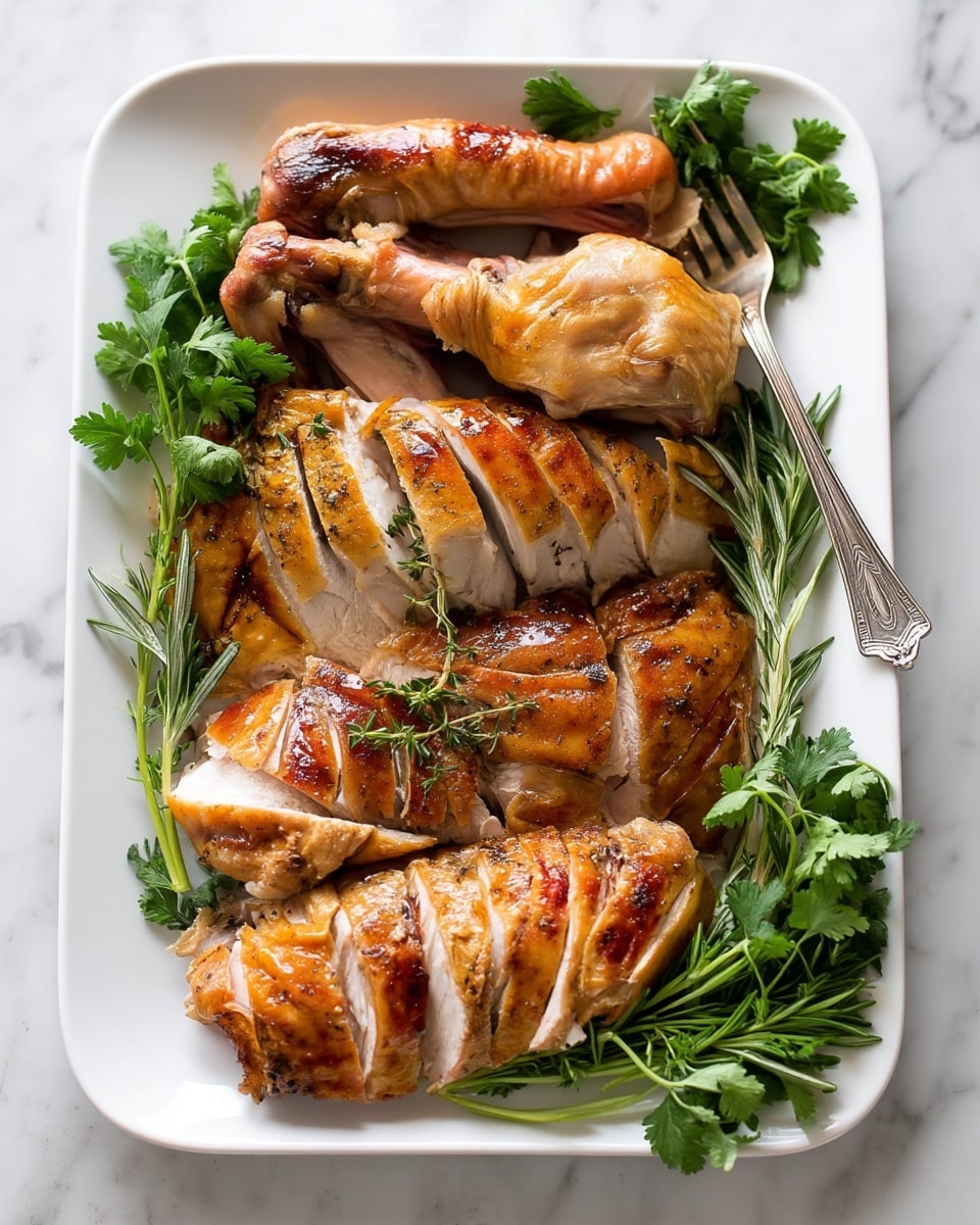A white rectangular tray holds several pieces of cooked chicken neatly arranged in layers. The first layer on the bottom shows thick slices of white chicken meat with golden brown skin on the edges. On top, there are three large chicken legs with crispy, browned skin and a rich golden color. The chicken pieces are garnished with fresh green herbs, including sprigs of parsley and rosemary, placed along the edges of the tray. A silver fork rests on the right side of the tray, partially covered by the herbs. The tray sits on a white marbled surface. photo taken with an iphone --ar 4:5 --v 7