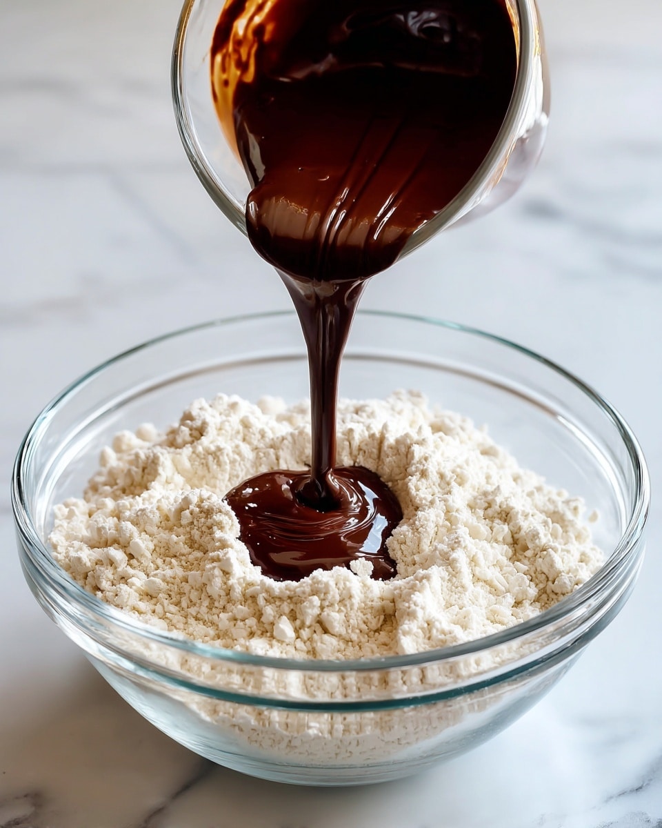 A clear glass bowl filled with white flour, with thick dark brown chocolate sauce being poured from a glass container into the center of the flour, showing a rich and smooth texture, all resting on a white marbled surface photo taken with an iphone --ar 4:5 --v 7