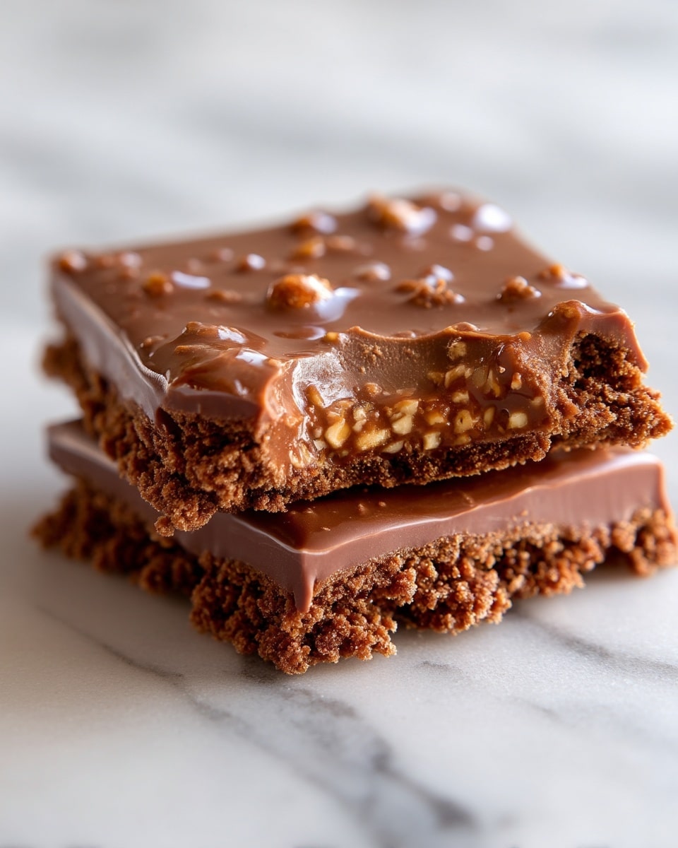 The image shows a close-up of a two-layer chocolate treat on a white marbled surface. The bottom layer is thick, dark brown, and crumbly with a rough texture. The top layer is glossy milk chocolate with small nut pieces mixed in, giving it a slightly bumpy and shiny look. Part of the treat has been broken off, showing the crumbly bottom and smooth nutty top closely. photo taken with an iphone --ar 4:5 --v 7