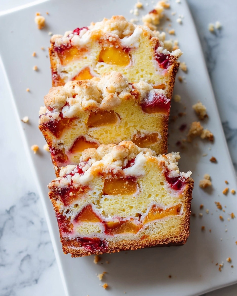 The image shows three thick slices of a fruit cake stacked on a long white rectangular plate, placed on a white marbled surface. Each slice has a crumbly golden top with pieces of red fruit and yellow chunks inside the light, dense cake. The colors are warm and inviting, with a mix of pale yellow cake, red fruit bits, and crumbly golden topping. The scene is softly lit, highlighting the texture of the cake and the crumbs on the plate. Photo taken with an iphone --ar 4:5 --v 7