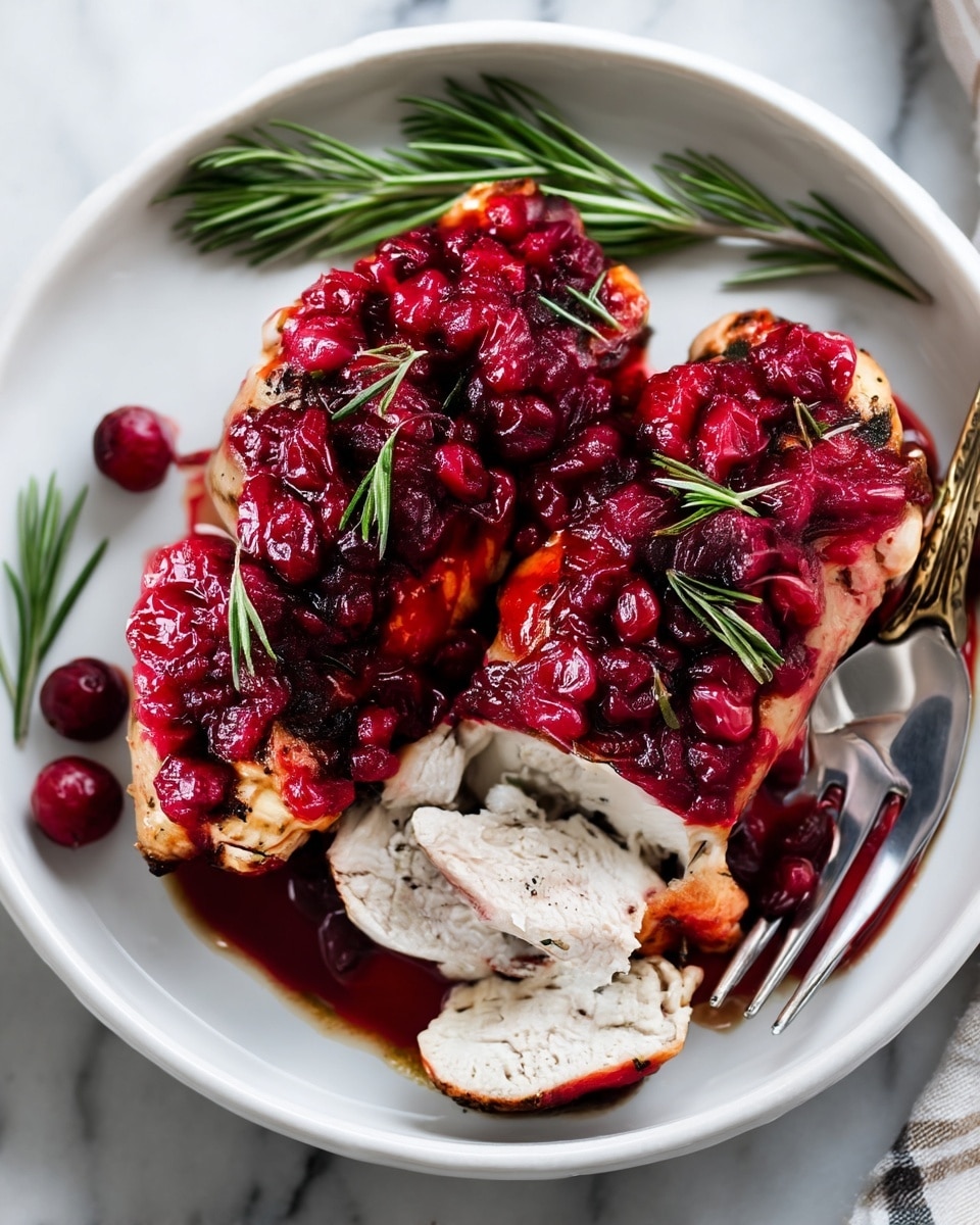 The image shows two cooked chicken pieces on a white plate, topped with a thick red cranberry sauce made from whole cranberries and small sprigs of green rosemary scattered on top. One chicken piece is sliced, showing the white inside with a juicy texture. The plate sits on a white marbled surface and a fork is placed near the chicken. There are extra rosemary sprigs on the side of the plate, adding a touch of green color. photo taken with an iphone --ar 4:5 --v 7