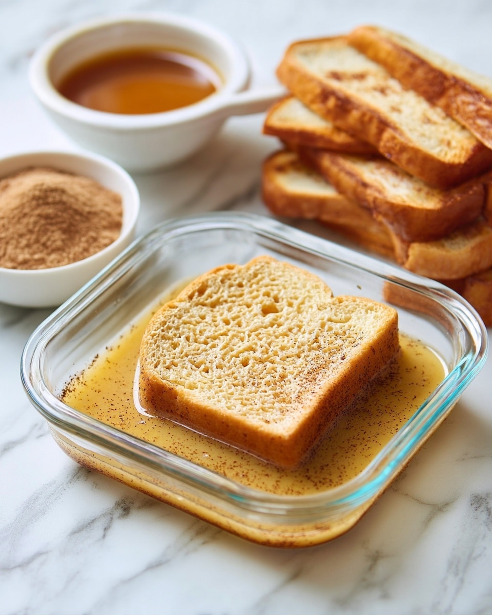 A single slice of bread soaks in a shallow glass dish filled with a light brown liquid that appears to be a mixture of eggs and spices. The bread is fully submerged on the bottom, showing a soft texture with a slightly uneven surface. Around the dish, there are other pieces of toasted bread stacks and a small white bowl containing a mixture of cinnamon and sugar powder. The whole scene is set on a white marbled surface, giving a clean and bright look to the image photo taken with an iphone --ar 4:5 --v 7