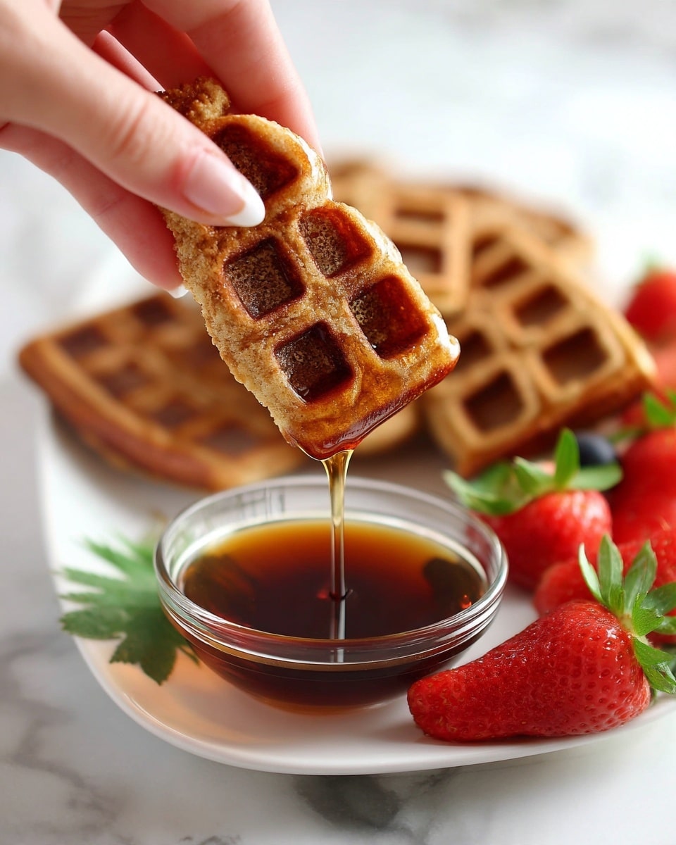 A white square plate holds several small, thick waffle sticks arranged in layers, showing their golden brown, crispy texture with some cinnamon sugar sprinkled on top. To the left, there are two fresh strawberries with green leaves and a small bunch of plump blueberries beside them. A clear small bowl filled with dark maple syrup sits near the top left corner of the plate. The whole setting is on a white marbled surface. photo taken with an iphone --ar 4:5 --v 7