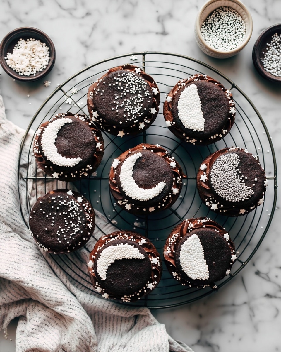 The image shows a circle of twelve dark chocolate cupcakes with two thick layers: the bottom layer is dark and moist cake, topped with a smooth, darker chocolate frosting layer, and a thin round chocolate cookie on top. Each cookie is decorated with white sprinkles in different moon phases — crescent, half, and full — creating a contrast with the cookie's dark color. Around the edge of the frosting, tiny white star and pearl-like sprinkles add more texture. The cupcakes are placed on a round black wire rack over a white marbled surface, with a soft, light-colored striped cloth draped nearby and two small bowls holding extra white sprinkles. Photo taken with an iphone --ar 4:5 --v 7