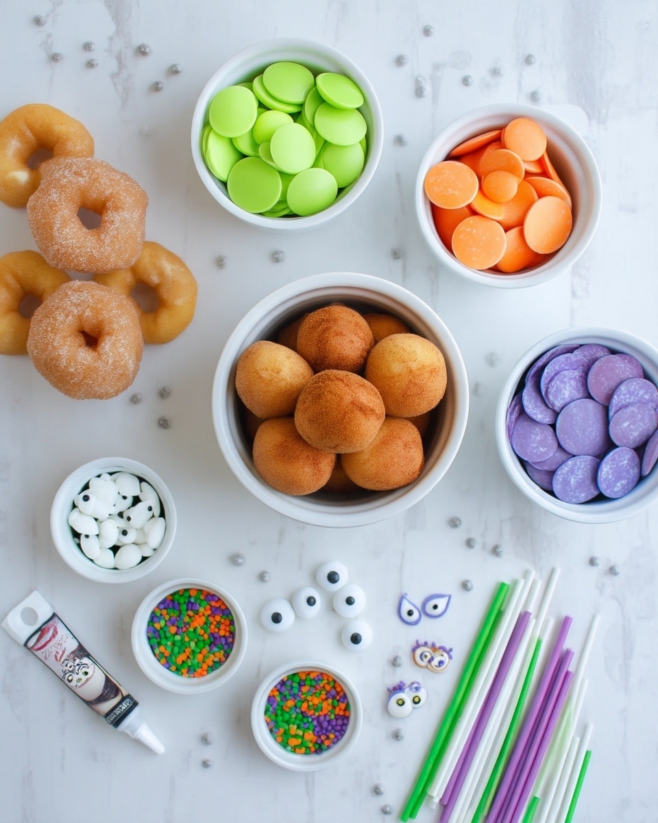 The image shows a white marbled surface with several white bowls and items neatly arranged. At the center is a white bowl filled with brown round balls that have a slightly rough texture. Surrounding it are three white bowls, one with shiny orange round discs at the top, another with shiny green round discs to the left, and a third filled with purple round discs to the right. Below the bowls are small plain white bowls, one with tiny green, orange, and purple round sprinkles, and another with small white googly eyes. To the left on the surface, there are four mini glazed donuts stacked loosely, and a tube of white writing gel lying next to them. On the right side lie many thin plastic sticks in green, purple, and white colors, along with some small white and orange decorations resembling eyes. Photo taken with an iphone --ar 4:5 --v 7