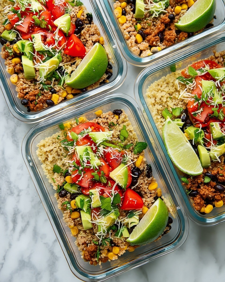 The dish is shown in clear rectangular glass containers, each with three main layers. The bottom layer is light yellow quinoa spread evenly, taking up nearly half of the container. The second layer is a mix of light brown cooked ground turkey, bright yellow corn kernels, and black beans, creating a textured, colorful middle section. The top layer is scattered diced avocado with pale green flesh, red tomato chunks, fresh green herbs, and a light sprinkle of shredded white cheese. A wedge of lime rests on one corner inside each container. The containers are placed on a white marbled surface, with half an avocado and a halved lime beside them, brightening the scene. Photo taken with an iphone --ar 4:5 --v 7