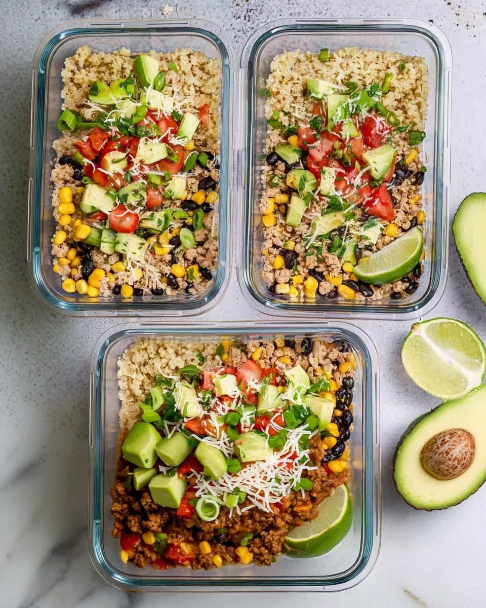 The image shows three clear rectangular glass meal containers arranged on a white marbled surface. Each container has four layers: the bottom layer is light beige quinoa, the middle layer consists of cooked ground meat mixed with yellow corn and black beans, then topped with chopped green onions, red tomato chunks, and green avocado pieces. The top layer is sprinkled with shredded white cheese and small green herb bits. One container has a wedge of green lime placed on the bottom right corner beside the avocado pieces. Next to the containers, on the white marbled surface, there is a halved avocado and a halved lime. Photo taken with an iphone --ar 4:5 --v 7