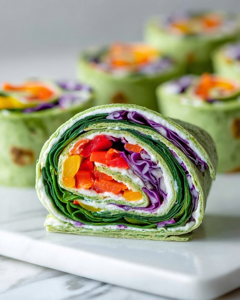 The image shows a close-up of a round wrap slice on a white marbled surface, with more wrap slices blurred in the background on a white plate. The wrap has four visible layers inside: the outer light green spinach tortilla, a thin white cream cheese layer, a mix of orange and red chopped bell peppers in the center, and a layer of dark green spinach and purple cabbage leaves around the peppers. The wrap slice looks fresh and colorful with a soft texture. Photo taken with an iphone --ar 4:5 --v 7