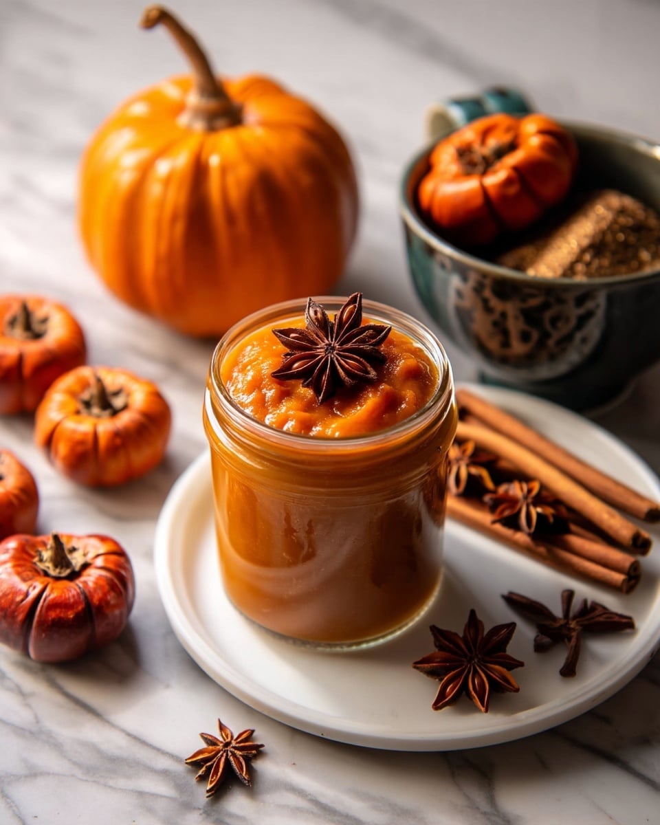 A glass jar filled with thick orange pumpkin puree has a star anise placed on top as decoration. Around the jar, there are several small orange pumpkins scattered on a white marbled surface. To the side, on a white plate, there are cinnamon sticks with more star anise resting on top. A dark bowl holds more small pumpkins and spices, adding depth to the warm, cozy autumn scene. The lighting highlights the rich orange and brown tones, creating a soft shadow on the white marbled background. photo taken with an iphone --ar 4:5 --v 7