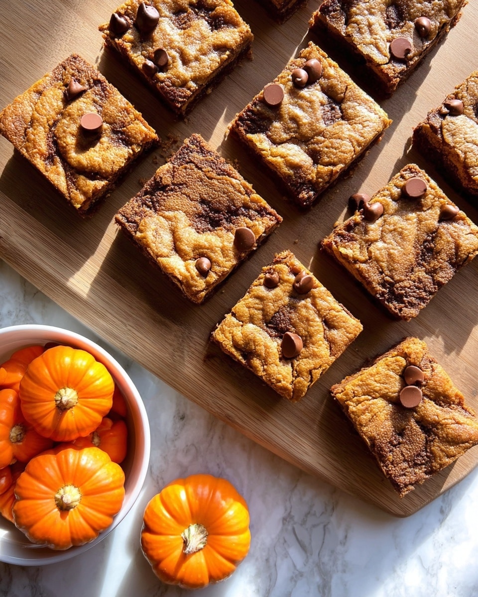 The image shows about 20 square dessert bars arranged closely together on a wooden surface, each bar having a light golden brown top mixed with darker brown swirls and spots, with some bars topped with a few milk chocolate chips. The bars have a slightly rough, crumbly texture and are cut into neat squares. Near the bottom of the image, there is a white bowl filled with small round pumpkins, and one small pumpkin lies outside the bowl on the wooden surface. The overall setup is warm and cozy, with strong sunlight highlighting the bars and casting soft shadows. The surface is changed to a white marbled texture. Photo taken with an iphone --ar 4:5 --v 7