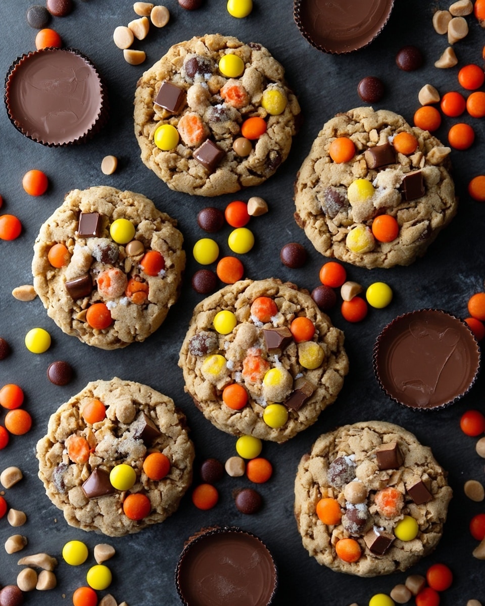 The image shows a stack of thick cookies on a white marbled surface, each cookie filled with colorful orange, yellow, and brown candy pieces along with chunks of milk chocolate. Around the stack, there are scattered candy pieces in matching colors and two large chocolate peanut butter cups placed on the right side. The cookies have a rough texture with visible candy bits unevenly spread throughout. The overall scene is bright with a focus on the texture and colors of the cookies and candies, photo taken with an iphone --ar 4:5 --v 7