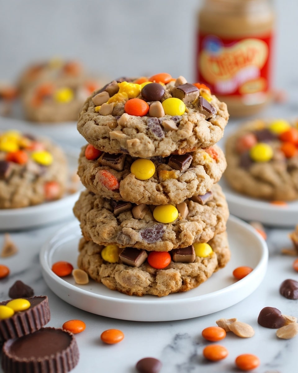 A stack of four round cookies is shown in close-up. Each cookie is golden brown with a rough texture and topped with colorful candy pieces in orange, yellow, and chocolate brown, along with small peanut chunks. The cookies have visible chocolate squares embedded in the dough. Around the stack, there are candy pieces scattered loosely, along with white plates holding chocolate peanut butter cups, all set on a white marbled surface. There is a blurred jar in the background with an orange label. photo taken with an iphone --ar 4:5 --v 7