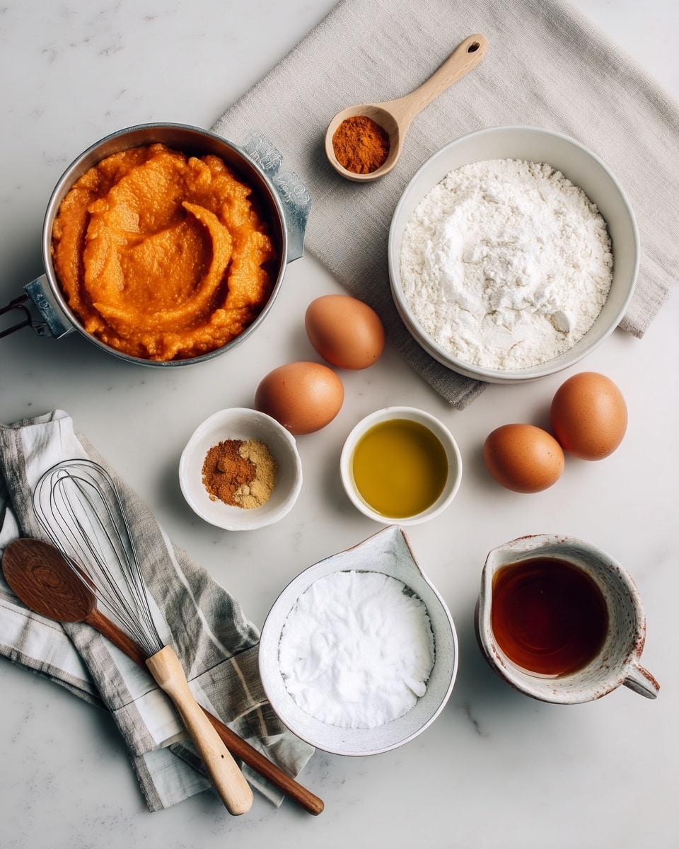 A white marbled surface holds many baking ingredients arranged neatly: a metal measuring cup filled with smooth orange pumpkin puree sits on the top left, next to a white bowl with fine white flour on the top right. Below the pumpkin puree, there is a white bowl filled with white granulated sugar. A small white dish with ground ginger and cinnamon is placed between the sugar and flour. To the right of the flour are two brown eggs and a small white bowl containing yellow oil. At the bottom right, a white bowl holds white powdered sugar near a small ceramic pitcher with a dark brown liquid. A metal baking pan lined with parchment paper sits on the far right. On the left side of the image, on top of a light grey cloth, are a wooden spoon and a metal whisk with a wooden handle. Photo taken with an iphone --ar 4:5 --v 7