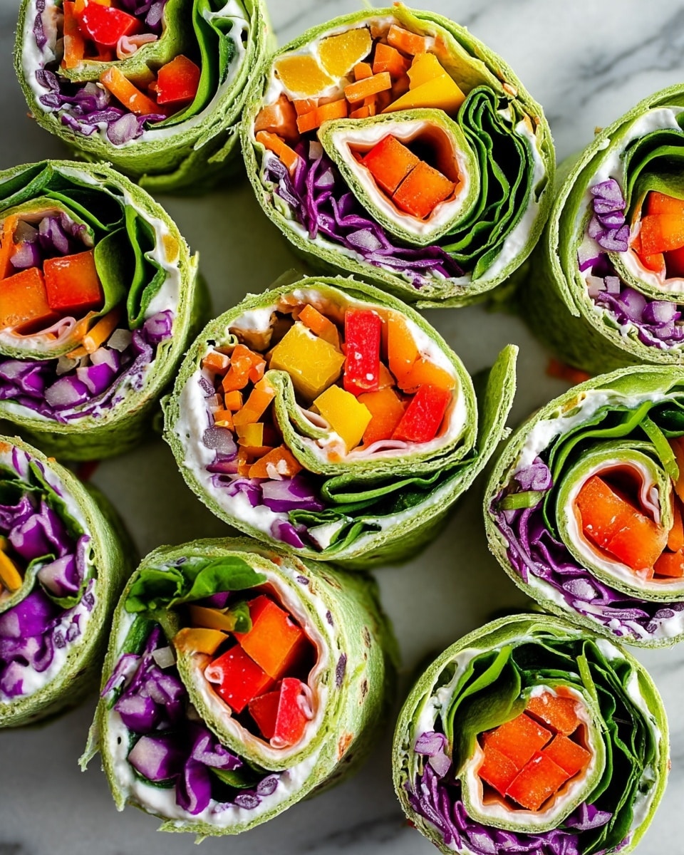 The image shows a close-up of several green tortilla wraps sliced into bite-sized pieces, arranged in rows on a white marbled surface. Each wrap has three visible layers inside: the outer green tortilla, a middle layer of leafy green spinach, and an inner layer filled with a mix of bright orange carrot sticks, yellow bell pepper cubes, and purple cabbage shreds wrapped with a white creamy spread. The colors are vivid and fresh, and the wraps are tightly rolled, showing a neat spiral pattern of vegetables and spread inside. photo taken with an iphone --ar 4:5 --v 7