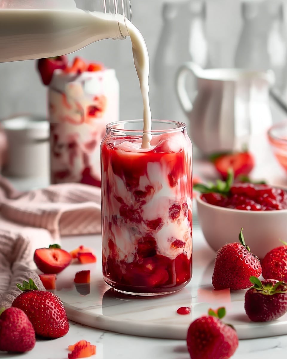The image shows a clear glass filled with red strawberry chunks at the bottom, followed by a mix of white creamy milk swirling with the red strawberries in the middle and upper layers, creating a marbled effect. Milk is being poured from a bottle into the glass, adding a smooth white top layer. The glass is on a white marbled surface with fresh strawberries scattered around, a small white pitcher, and a bowl with strawberry sauce in the background. A soft pink cloth is draped nearby, and another similar glass is slightly blurred behind. Photo taken with an iphone --ar 4:5 --v 7