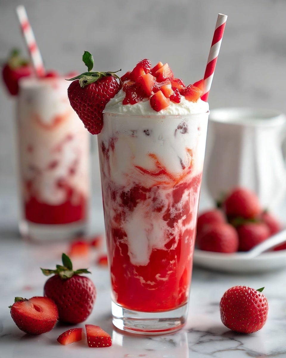 Two clear tall glasses filled with a creamy white drink mixed with red strawberry pieces and syrup swirled throughout in uneven layers. Each glass is topped with several chopped strawberries and a whole strawberry on the rim. Red and white striped paper straws stand tall in each glass. The glasses sit on a white marbled surface surrounded by whole and sliced strawberries. A soft pink knit cloth and a small white bowl with a spoon full of strawberry syrup appear in the blurred white marbled background. Photo taken with an iphone --ar 4:5 --v 7