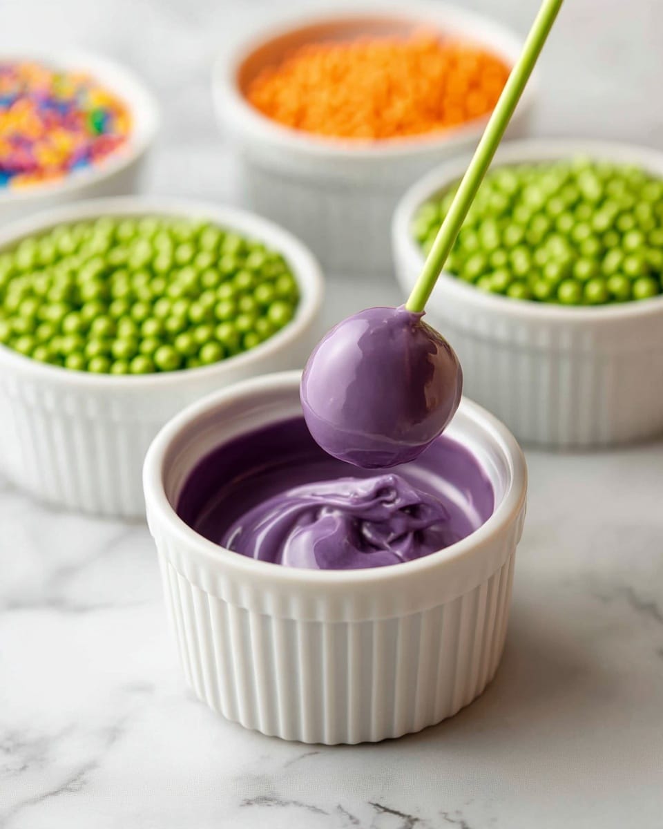 A white ramekin filled with smooth purple frosting sitting in the center on a white marbled surface, with a green stick holding a round cake pop being dipped into the purple frosting, surrounded by three more white ramekins filled with bright green, orange, and colorful small round sprinkles, all blurred in the background. The cake pop is glossy and evenly coated. photo taken with an iphone --ar 4:5 --v 7