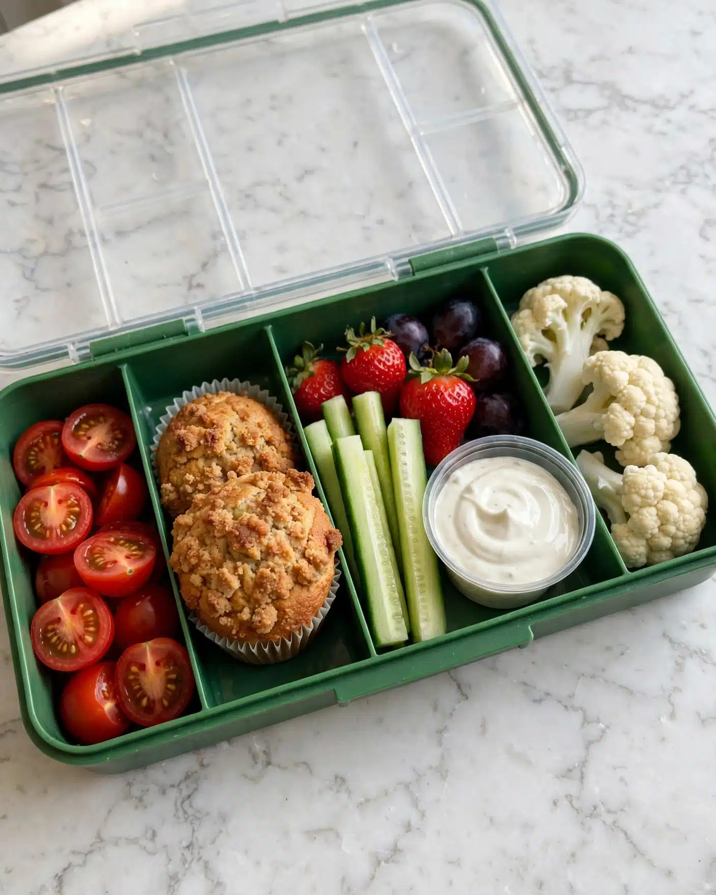 A green lunchbox with a clear plastic lid shows a meal inside, divided into five compartments. The front left section holds a golden-brown muffin with a rough, crumbly top in a white paper liner. Next to it on the left are halved red cherry tomatoes. The middle section has light green cucumber sticks placed vertically, with red strawberries and dark purple grapes behind them. The right section contains a small clear cup filled with white creamy dip with a swirl of light topping. To the right of the cup, there are thick cauliflower pieces. The whole lunchbox rests on a white marbled surface. photo taken with an iphone --ar 4:5 --v 7