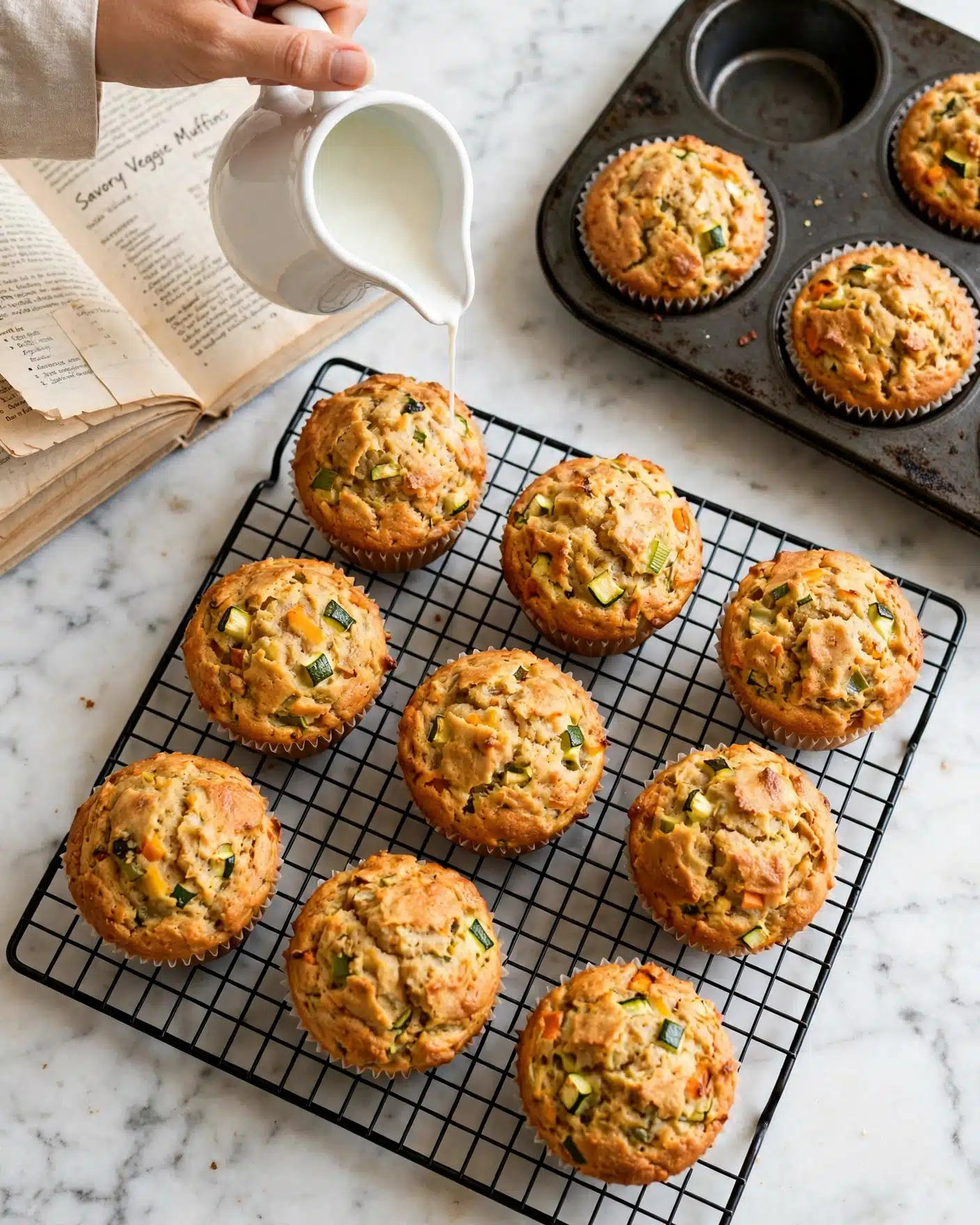 The image shows golden brown muffins with bits of green and orange inside, placed in white paper liners. There are nine muffins on a black wire cooling rack with a white marbled surface beneath it, and three muffins still in a dark metal muffin tray on the upper right. A woman's hand is pouring a liquid from a white pitcher at the top left, near an open book. The scene is bright and clean, highlighting the texture of the muffins with slight cracks on top and a soft inside filled with small vegetable pieces. photo taken with an iphone --ar 4:5 --v 7