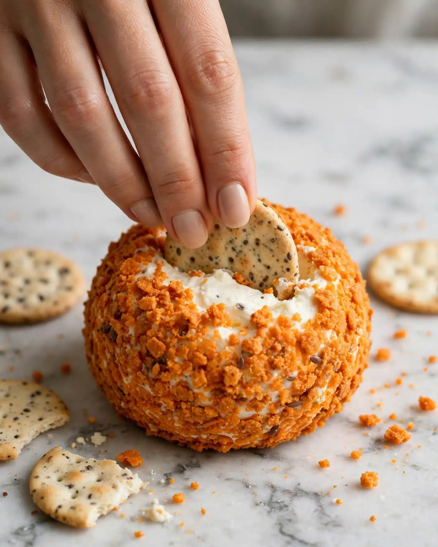 Pumpkin-Shaped Cheese Ball with Nacho Chips and Bell Pepper Stem Recipe 4 A round cheese ball shaped like a small pumpkin with a rough, crumbly, orange outer layer made of crushed chips or puffs. It has evenly spaced vertical grooves creating the pumpkin sections. A fresh green stem is stuck in the center on top, giving it a realistic pumpkin look. The pumpkin cheese ball sits on a white marbled surface with a blurred white background. Photo taken with an iphone --ar 4:5 --v 7