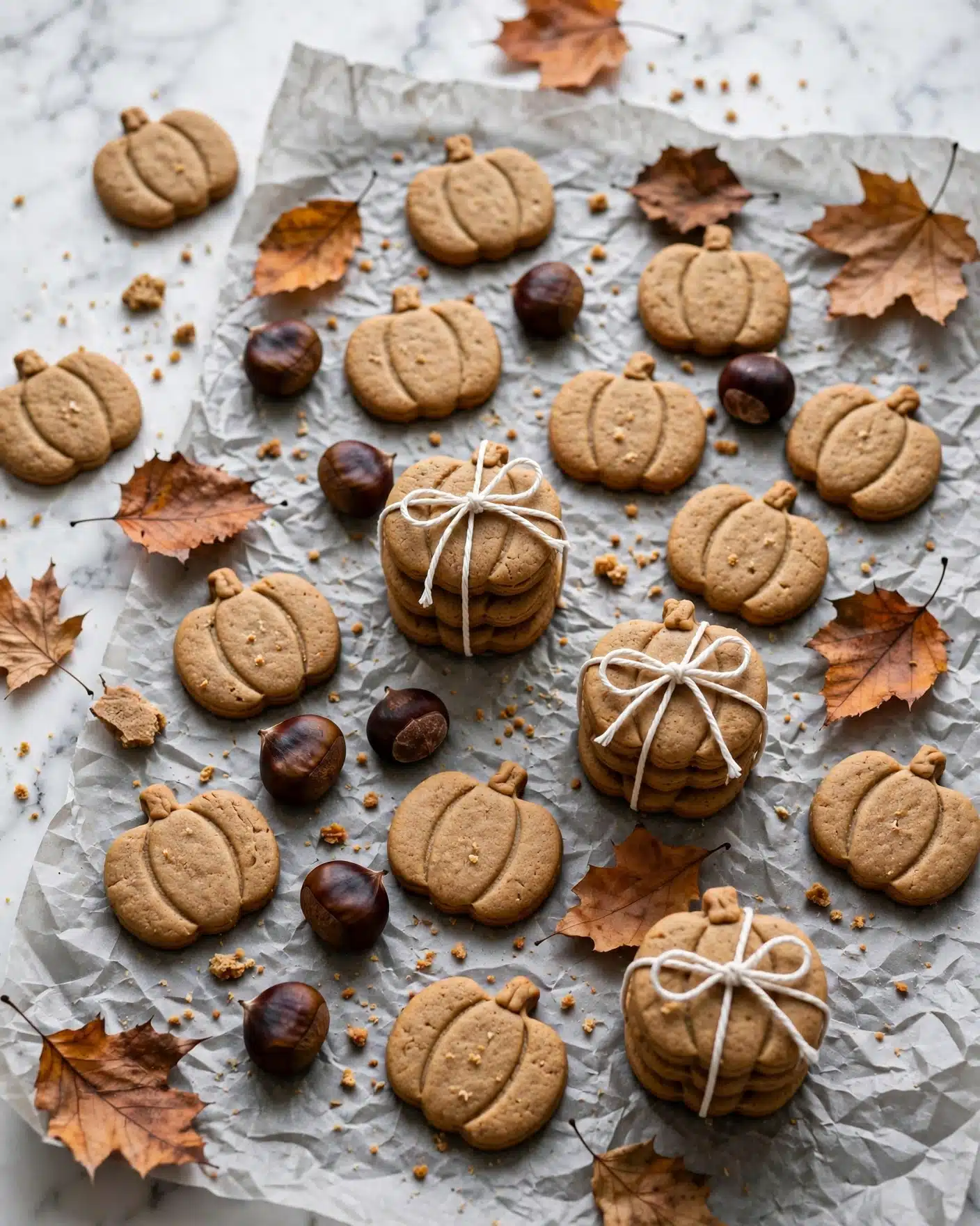 Crunchy Pumpkin Cookies Recipe 5 A stack of five round, golden brown cookies tied with a white string is placed on crumpled white paper. The cookies have a smooth, slightly textured surface and even edges. Around the stack, there are a few shiny brown chestnuts and dry, large autumn leaves in warm orange and brown tones. The background is a white marbled surface with some cookie crumbs scattered around. photo taken with an iphone --ar 4:5 --v 7