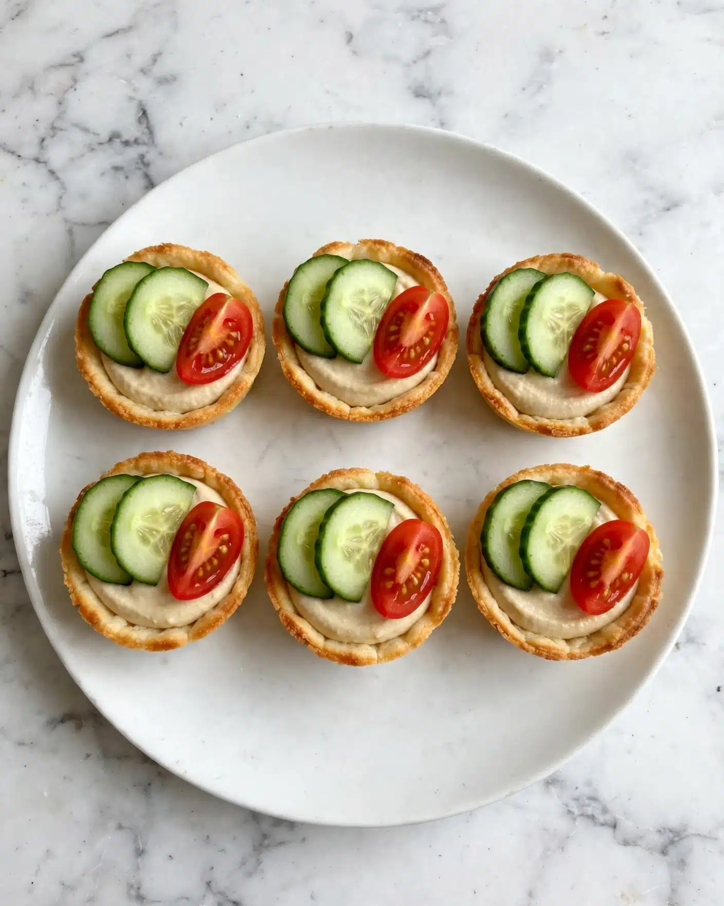 The image shows small round tartlets placed on a plain white plate over a white marbled surface. Each tartlet has a golden-brown crust forming a small cup shape, filled with a smooth light beige spread. On top of the spread, there are two slices of fresh green cucumber with visible skin, placed side by side, and a quarter slice of bright red cherry tomato with seeds showing, adding a pop of color. The arrangement looks fresh and simple, with the tartlets evenly spaced and highlighting the contrast between the golden crust, creamy filling, and colorful fresh vegetables. photo taken with an iphone --ar 4:5 --v 7