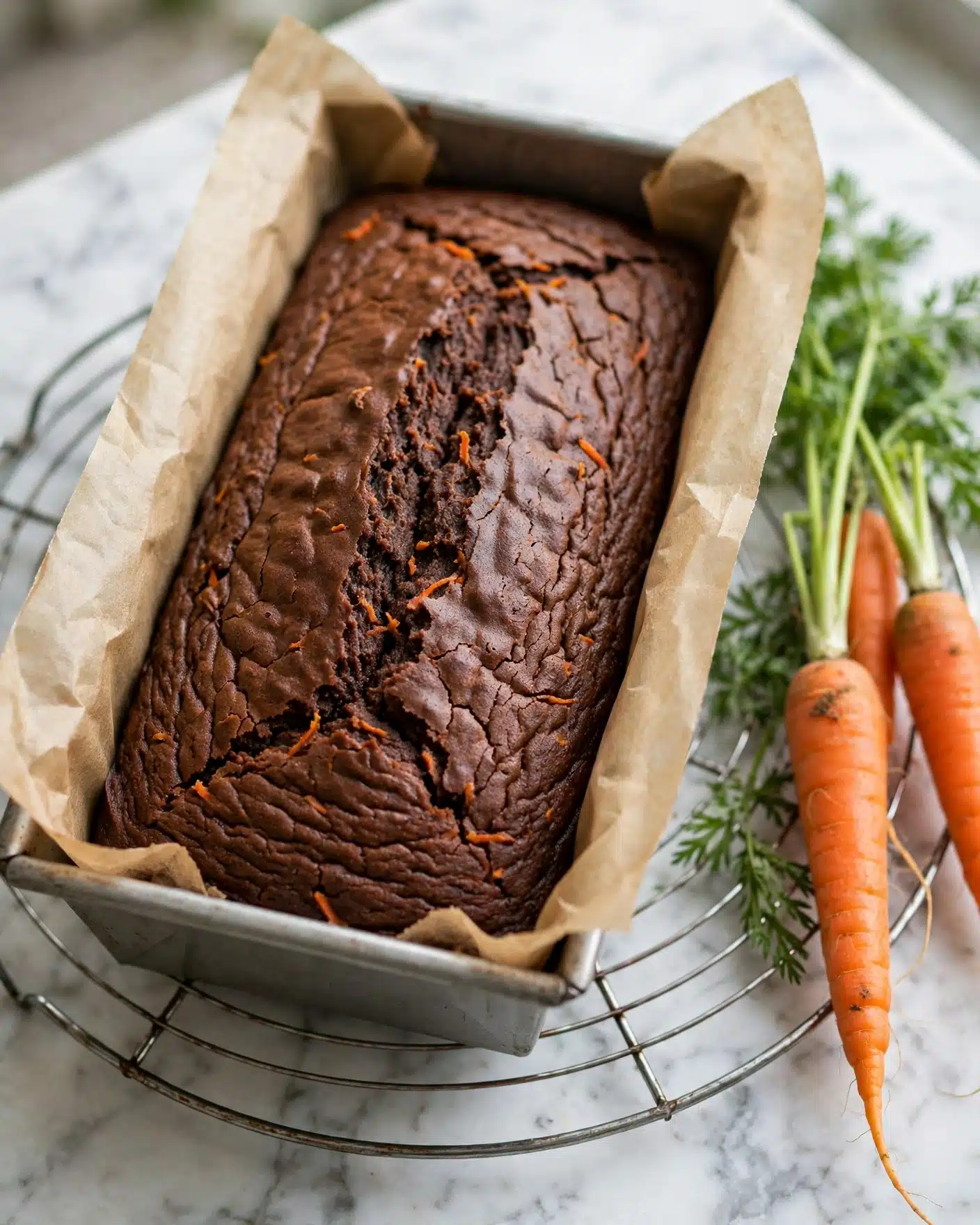 Moist Chocolate Carrot Cake Recipe 5 The image shows a dark brown, textured loaf cake in a rectangular metal baking pan lined with light brown parchment paper that extends up both long sides. The cake surface is wrinkled and slightly cracked, indicating a rich, dense texture. The pan sits on a round cooling rack with thin bars. Next to the pan are a few bright orange carrots with green tops, placed on a white marbled surface in soft natural light. Photo taken with an iphone --ar 4:5 --v 7