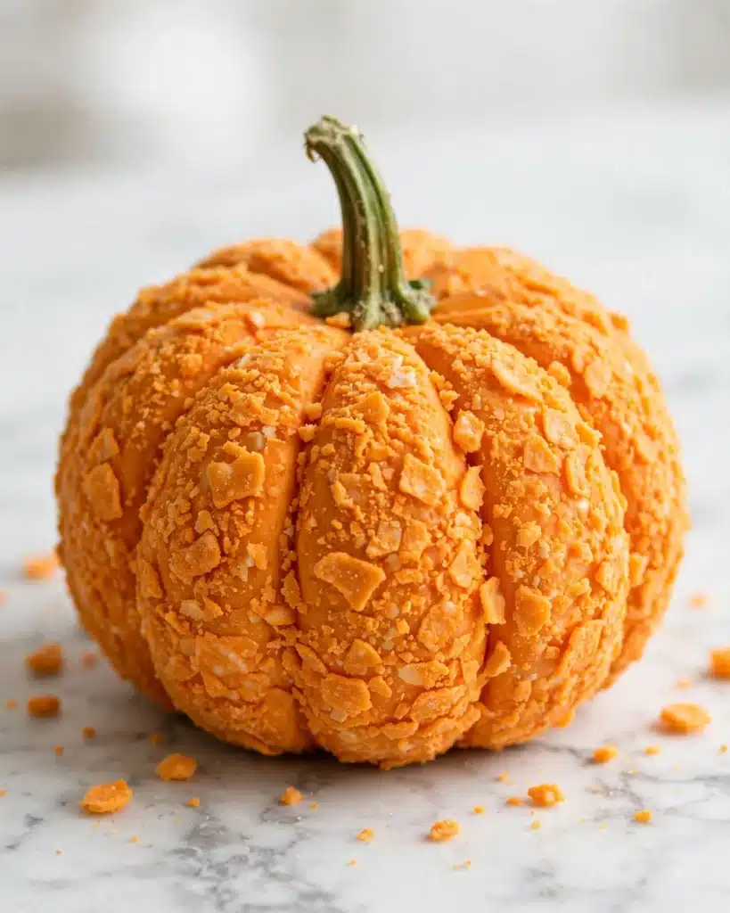 Pumpkin-Shaped Cheese Ball with Nacho Chips and Bell Pepper Stem Recipe