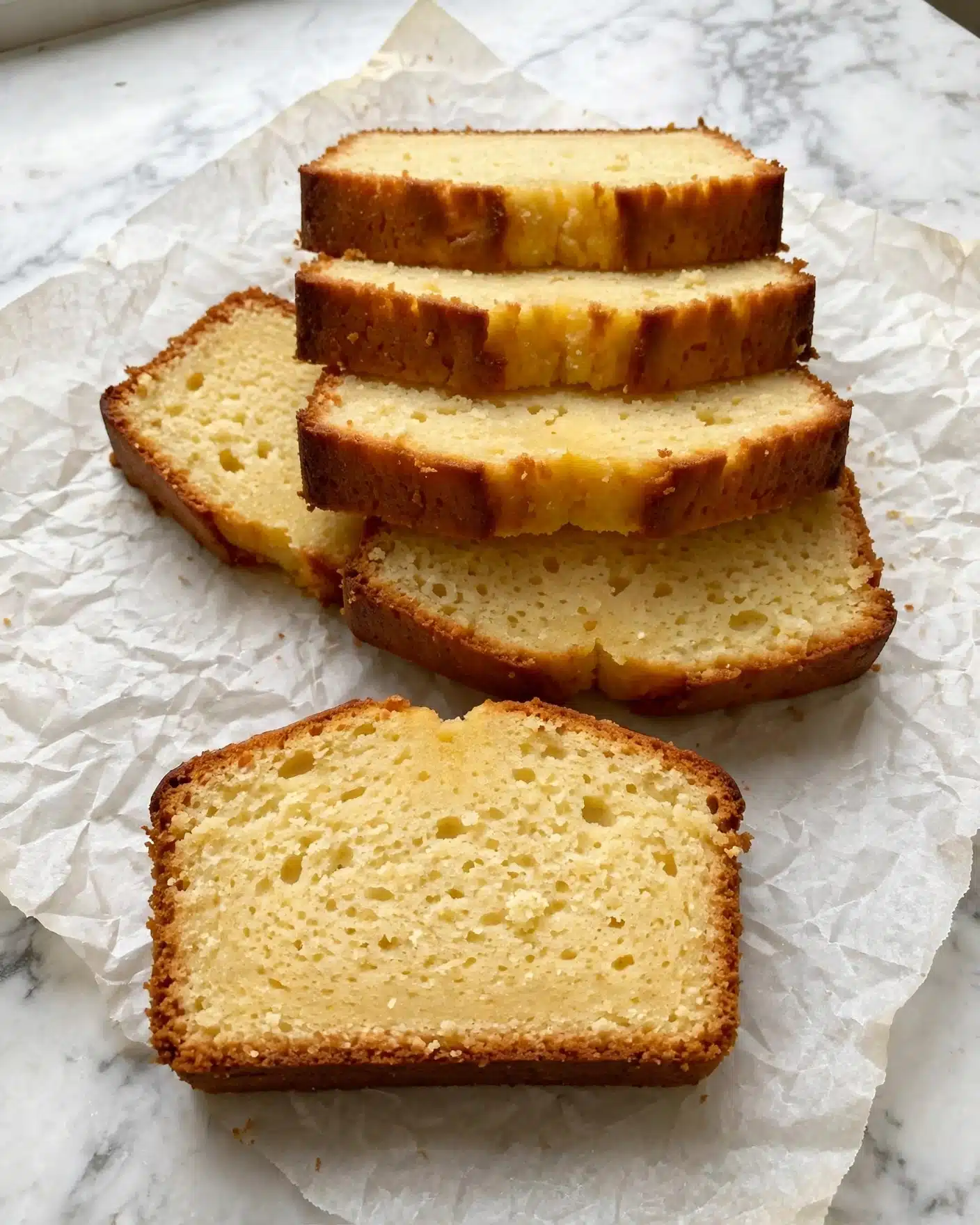 Pound Cake Delight Recipe 4 A golden brown pound cake loaf with a slightly cracked top, resting on a white marbled surface. Three slices are cut from the loaf, revealing a soft, light yellow inside with a fine, even texture. Around the cake slices, there are scattered fresh berries including red raspberries, blackberries, and blue blueberries adding spots of bright red, deep black, and blue colors. The scene is well-lit and simple, focusing on the cake and berries. photo taken with an iphone --ar 4:5 --v 7