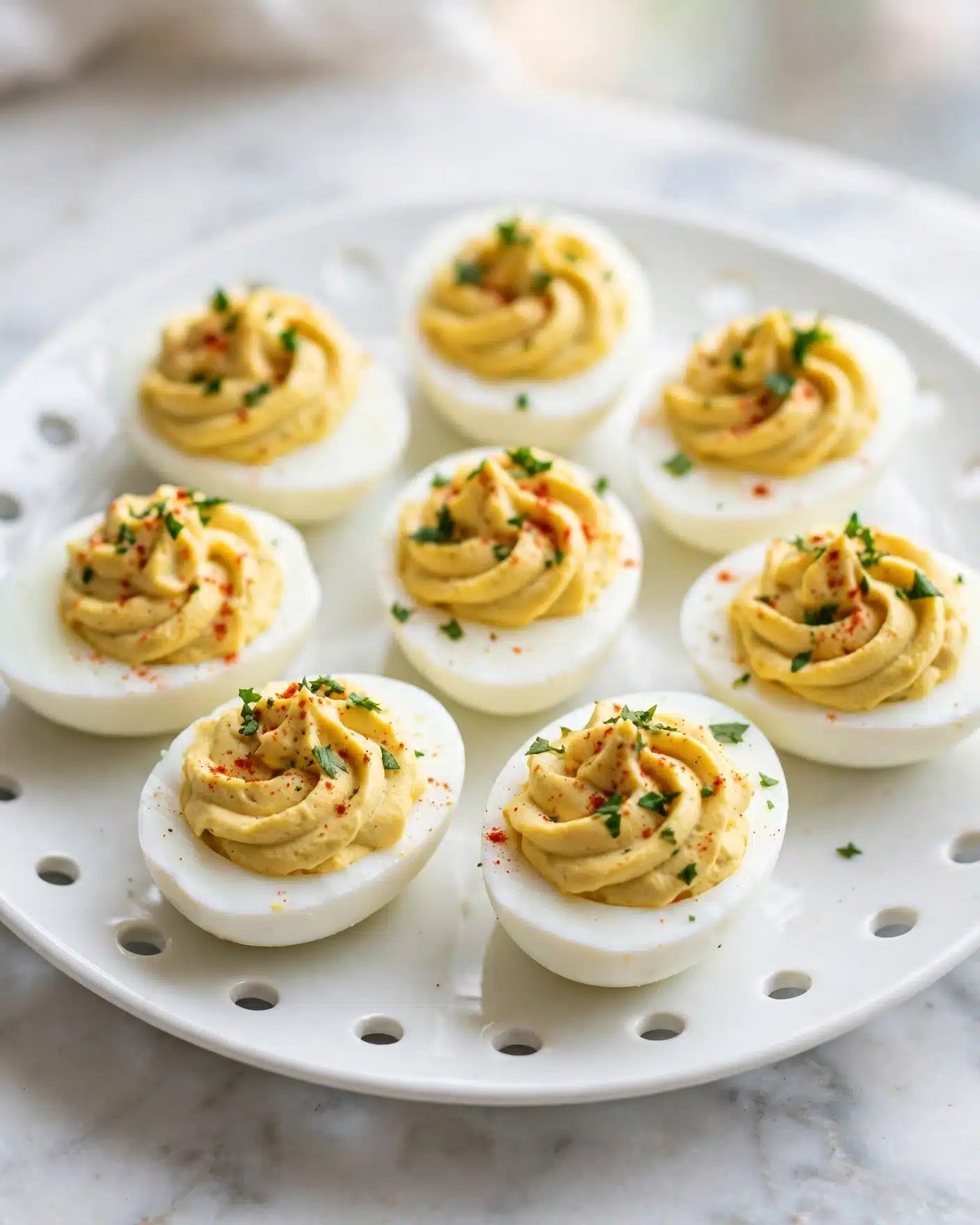 The image shows a close-up of eight deviled egg halves arranged in slightly scattered rows on a white plate with round holes near the edges. Each egg half has a smooth, bright white outer layer of hard-boiled egg white holding a thick, creamy yellow filling on top, piped in a swirled pattern with ridges. The filling is sprinkled with small bits of chopped green herbs and a light dusting of red paprika, adding a touch of color contrast. The scene is set on a white marbled surface with a softly blurred background, giving a clean and fresh look. photo taken with an iphone --ar 4:5 --v 7
