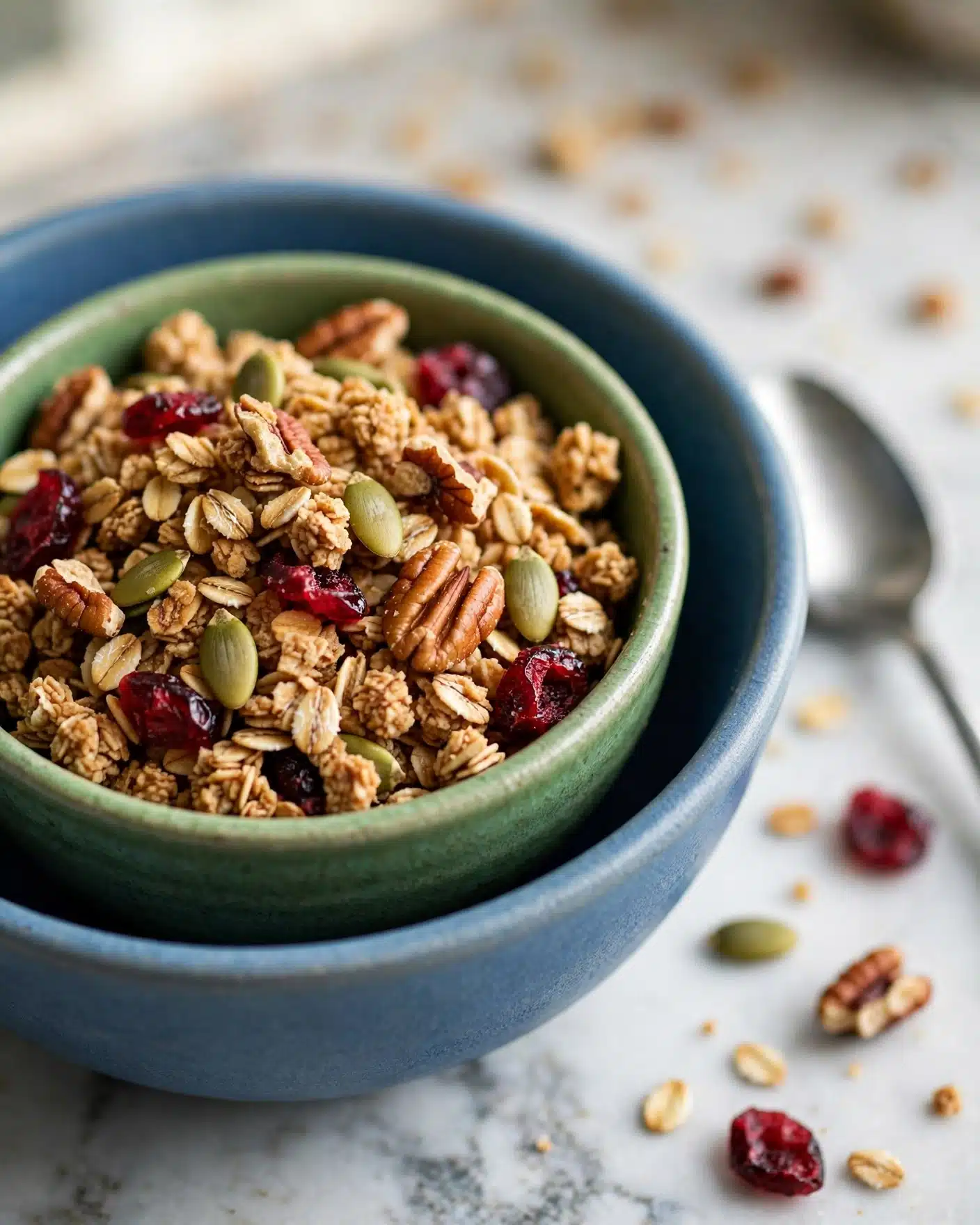 A woman's hand holding a piece of granola, showing a mix of oats, seeds, nuts, and dried berries all clumped together in one rough textured layer. The granola piece is golden brown with spots of green pumpkin seeds and red dried fruit. In the blurred background, there is a large metal tray filled with more granola of similar texture and color. The surface beneath the tray is white marbled. Photo taken with an iphone --ar 4:5 --v 7