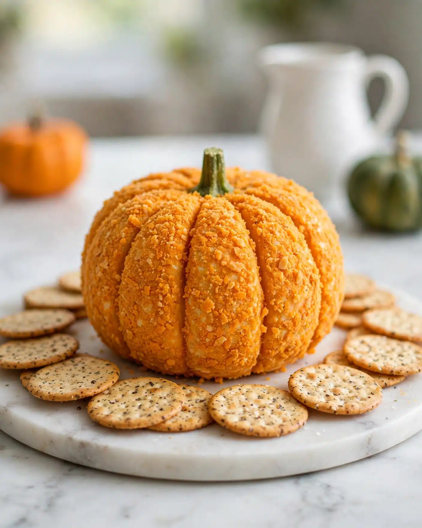 Pumpkin-Shaped Cheese Ball with Nacho Chips and Bell Pepper Stem Recipe 5 The image shows a close-up of a round cheese ball with a rough, orange crunchy texture on the outside and a creamy white cheese layer visible beneath where a woman's hand is pressing a round cracker into it. The cheese ball sits on a white marbled surface, and several light beige crackers with small dark specks are lying around it. The focus is on the interaction between the cracker and the cheese ball, highlighting the crunchy outside and soft inside layers. photo taken with an iphone --ar 4:5 --v 7