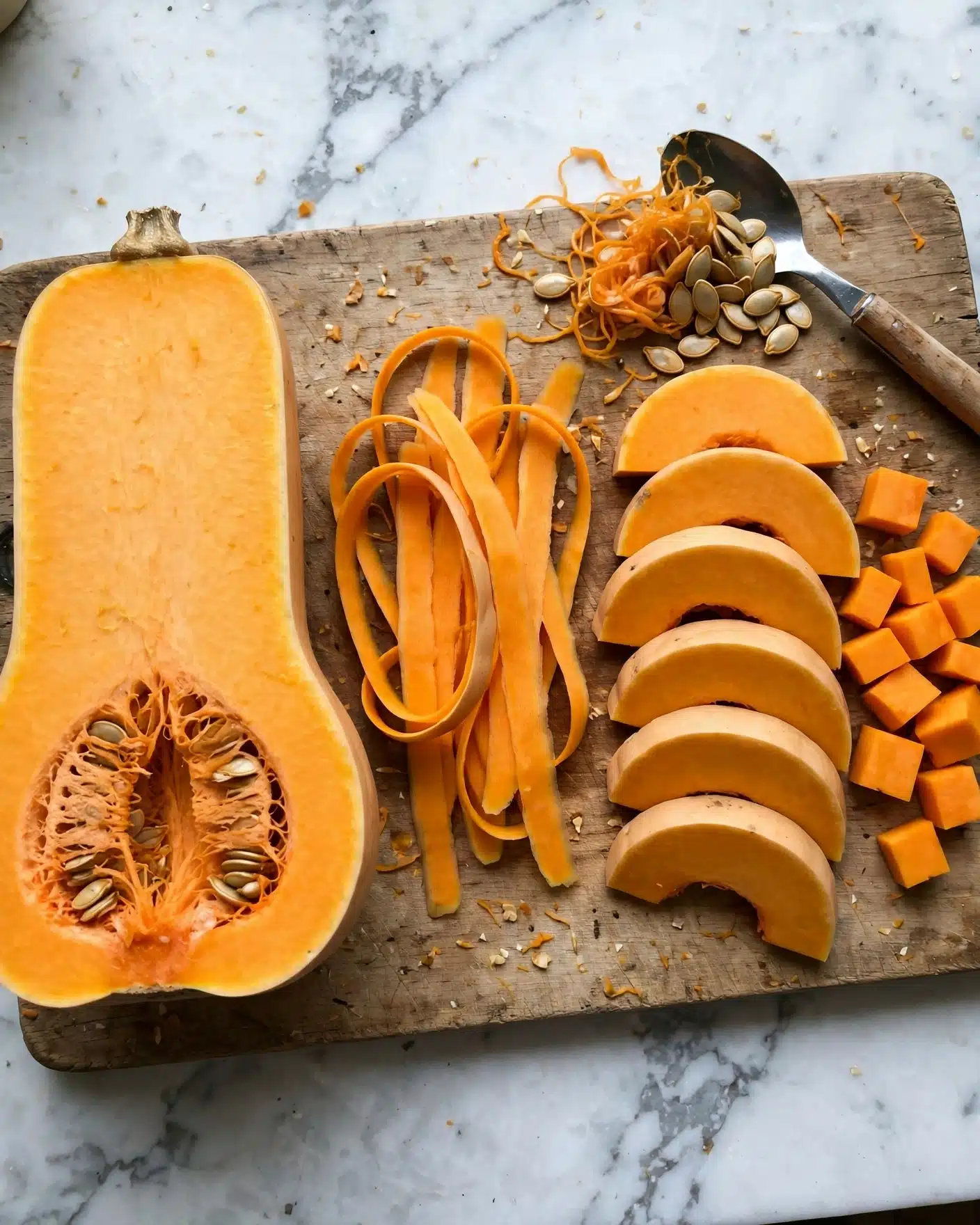 Caramelized Onion Butternut Squash Soup Recipe 4 A wooden chopping board on a white marbled surface holds a butternut squash in three stages: a large halved piece on the left with seeds, thin long orange peel strips in the middle, and neatly sliced thick half-moon pieces alongside diced cubes on the right. There is also a cluster of squash seeds and fibrous orange flesh next to a metal spoon with a wooden handle at the top right corner. The textures range from smooth peel, fibrous interiors, and clean cut edges. Photo taken with an iphone --ar 4:5 --v 7
