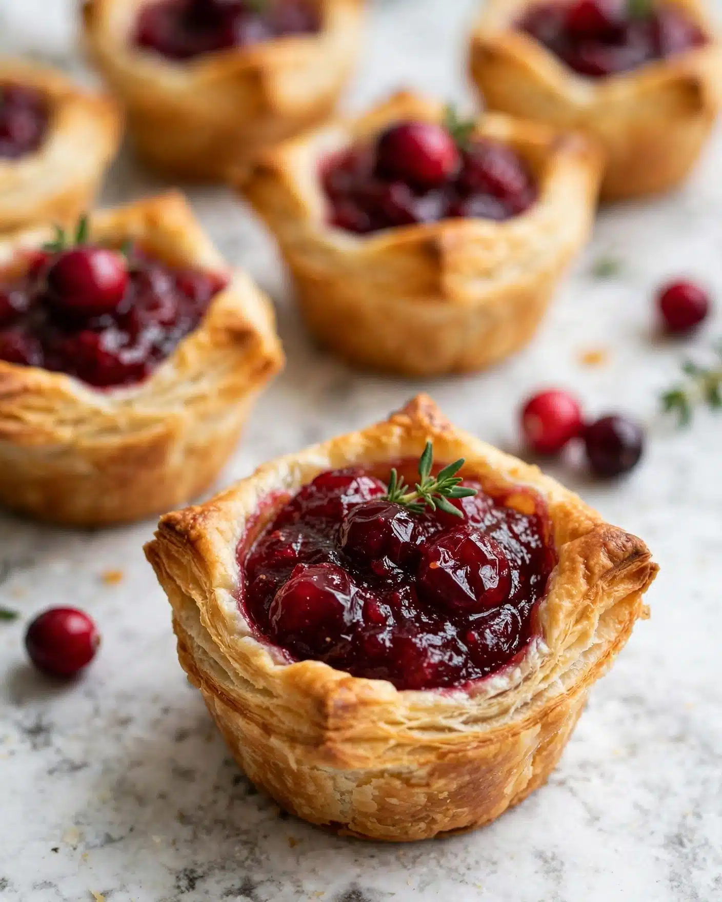 Cranberry Brie Bites Recipe 5 The image shows small golden puff pastry cups filled with a deep red cranberry sauce. Each cup has a slightly crispy and flaky outer layer that curls slightly at the edges. The rich red cranberry filling inside looks shiny and thick, sitting in the middle of the pastry cup. There are small sprigs of green herbs placed near some cups for decoration. Around the pastries, there are sugared cranberries with a frosted look and a wedge of soft white cheese with a smooth rind. On the right side, a white bowl filled with more red cranberry sauce is partially visible. All of this is set on a white marbled surface. photo taken with an iphone --ar 4:5 --v 7